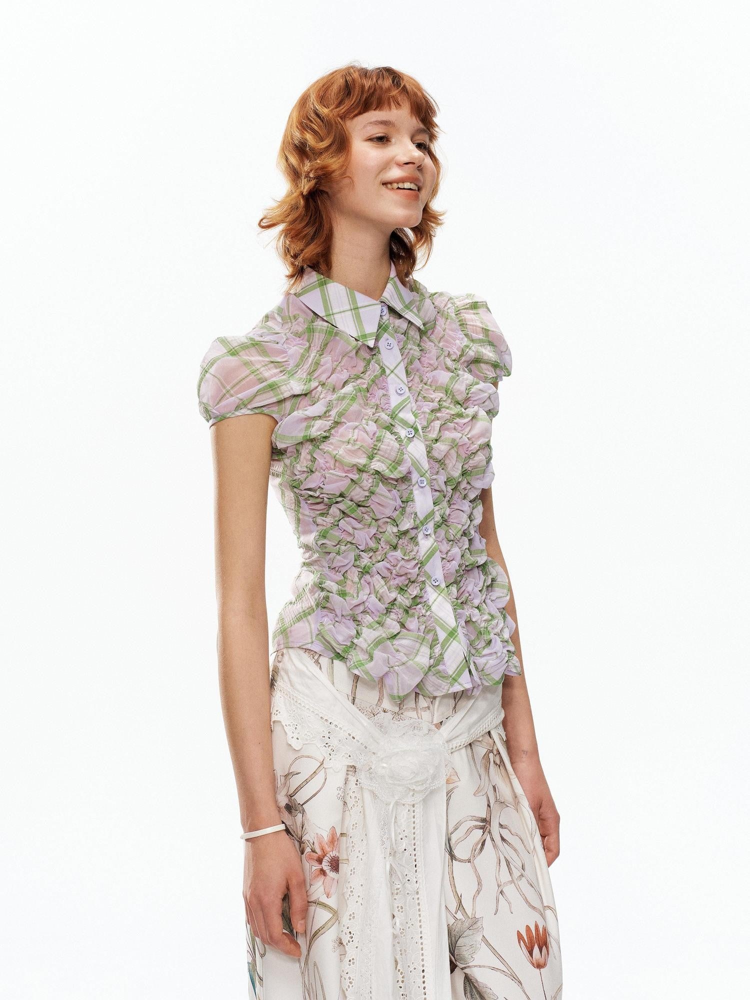 YOSHUYUKI Purple Green Plaid Ruched Puff Lapel Fitted Women&