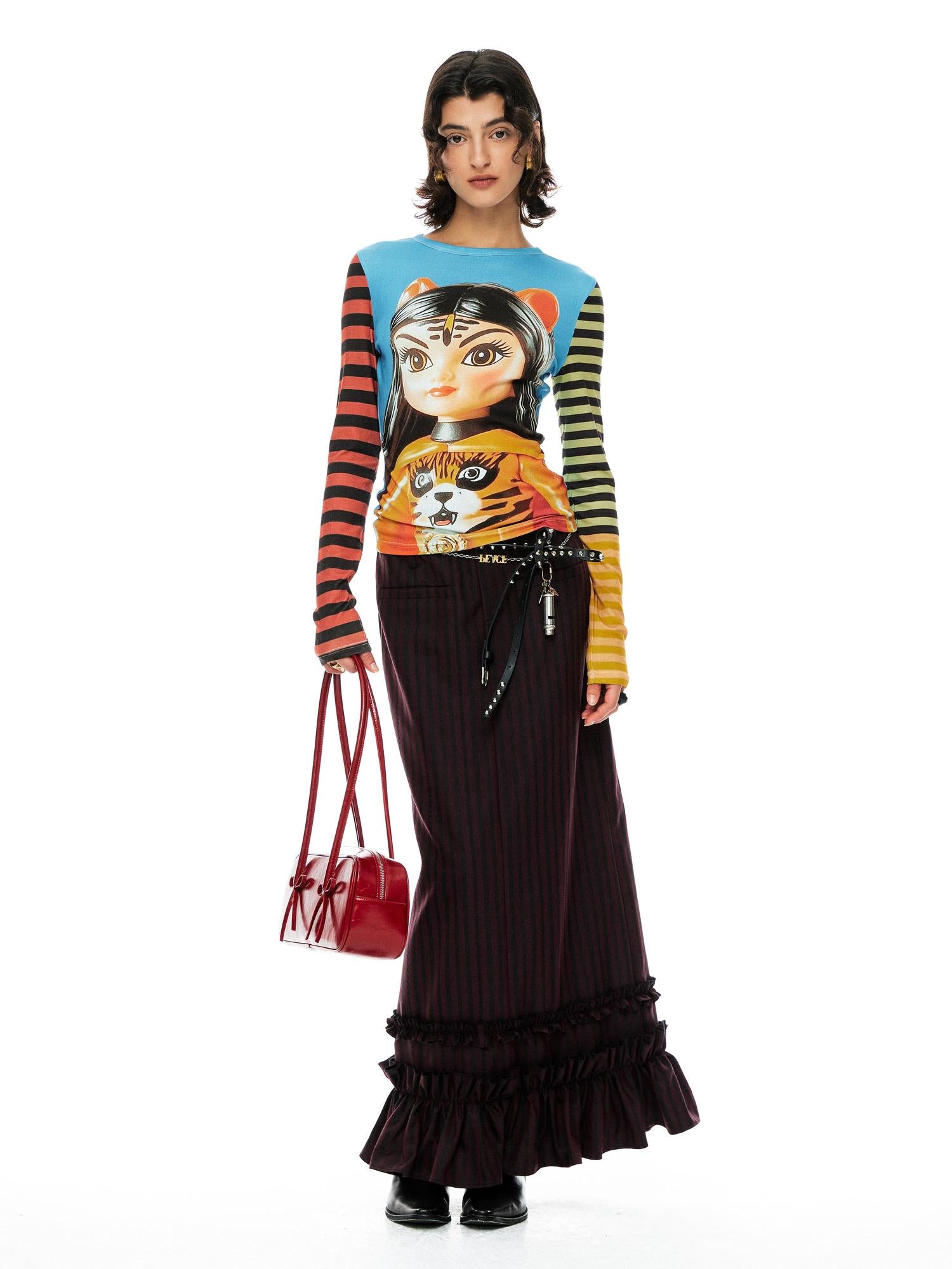 YOSHUYUKI Red Black Striped Straight Lace Maxi Skirt