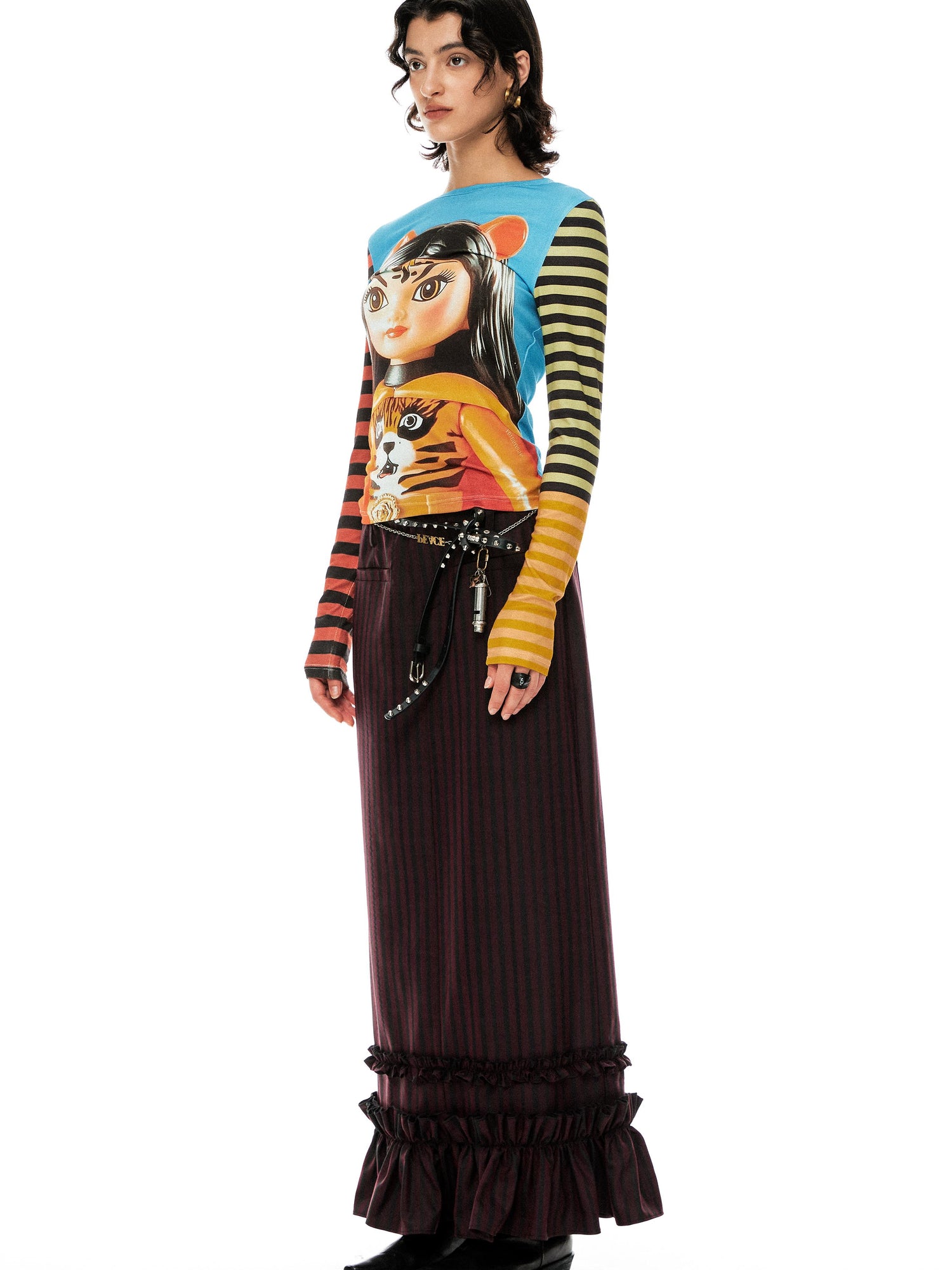 YOSHUYUKI Red Black Striped Straight Lace Maxi Skirt