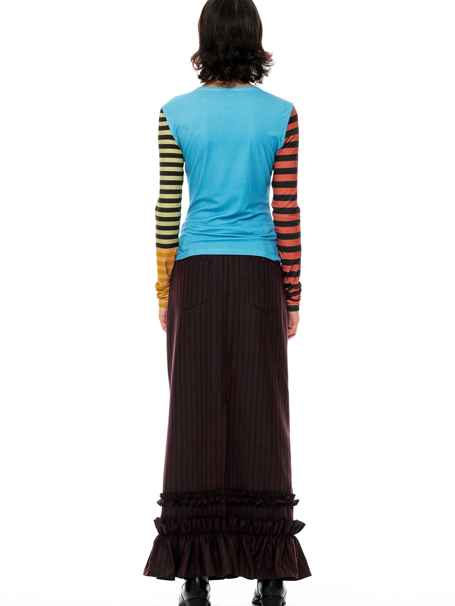 YOSHUYUKI Red Black Striped Straight Lace Maxi Skirt