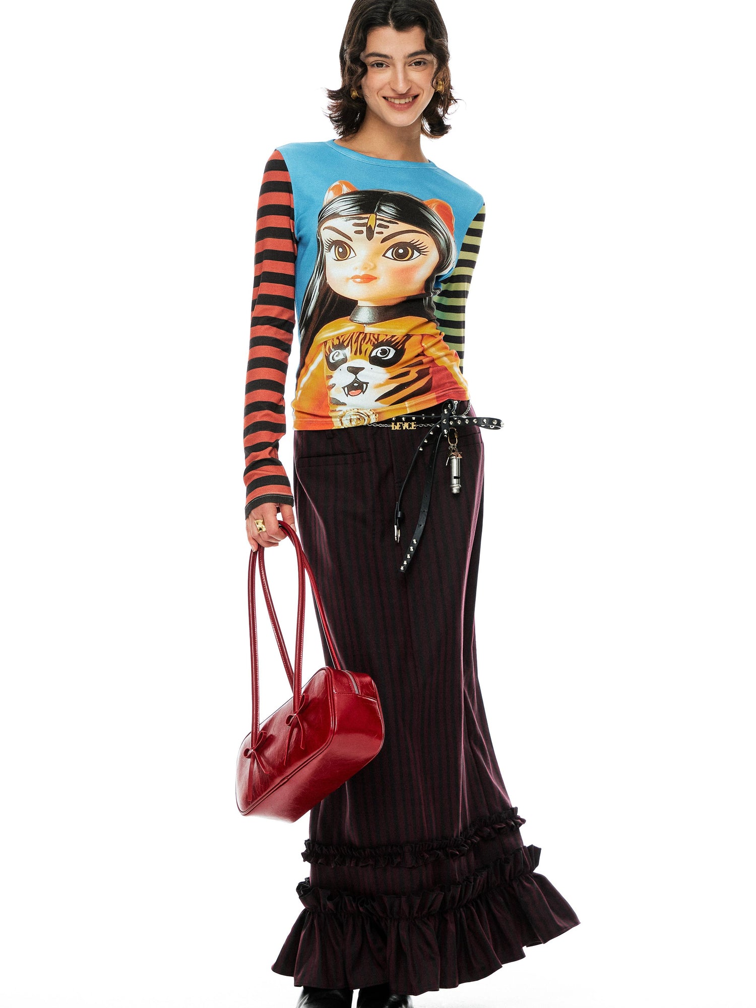 YOSHUYUKI Red Black Striped Straight Lace Maxi Skirt