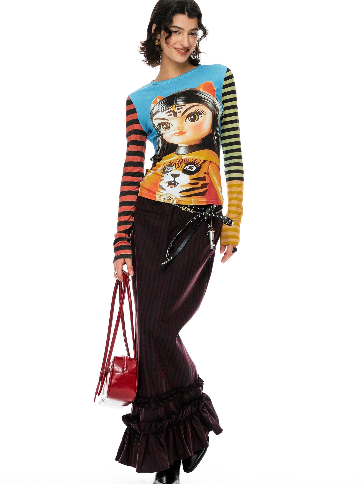 YOSHUYUKI Red Black Striped Straight Lace Maxi Skirt