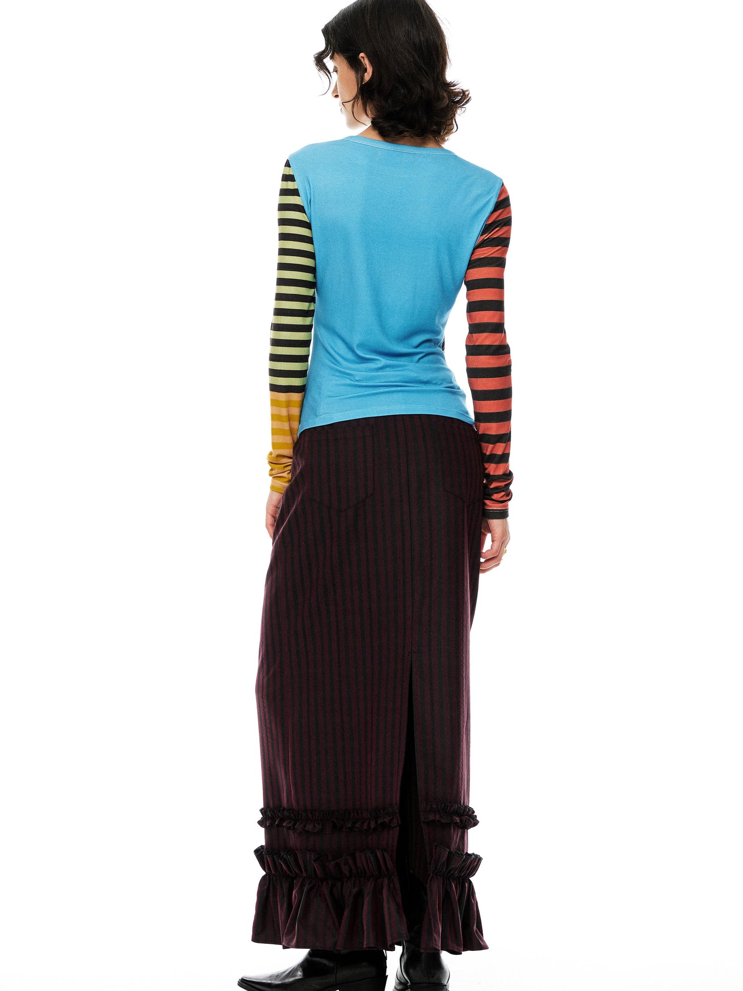 YOSHUYUKI Red Black Striped Straight Lace Maxi Skirt