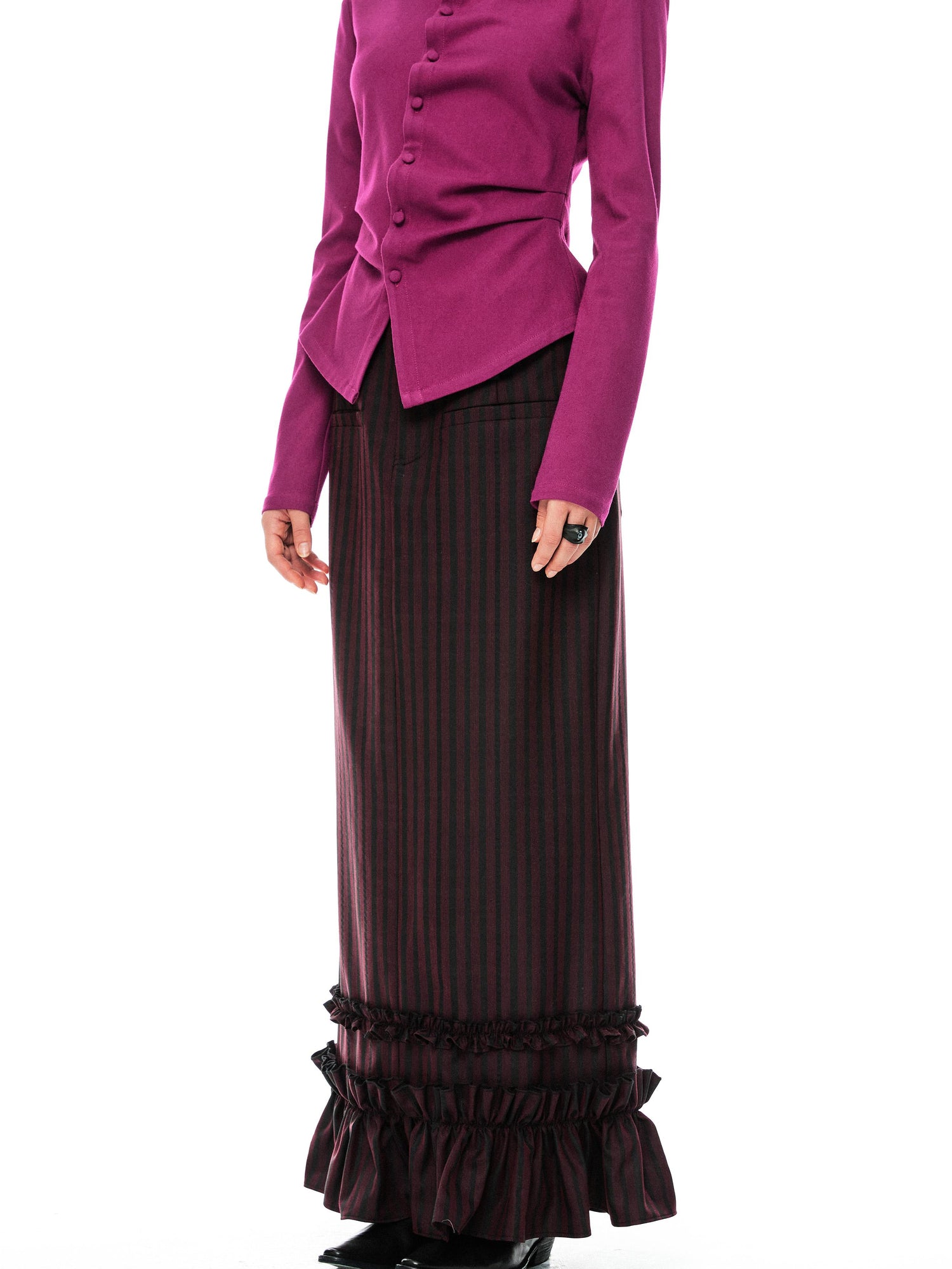 YOSHUYUKI Red Black Striped Straight Lace Maxi Skirt