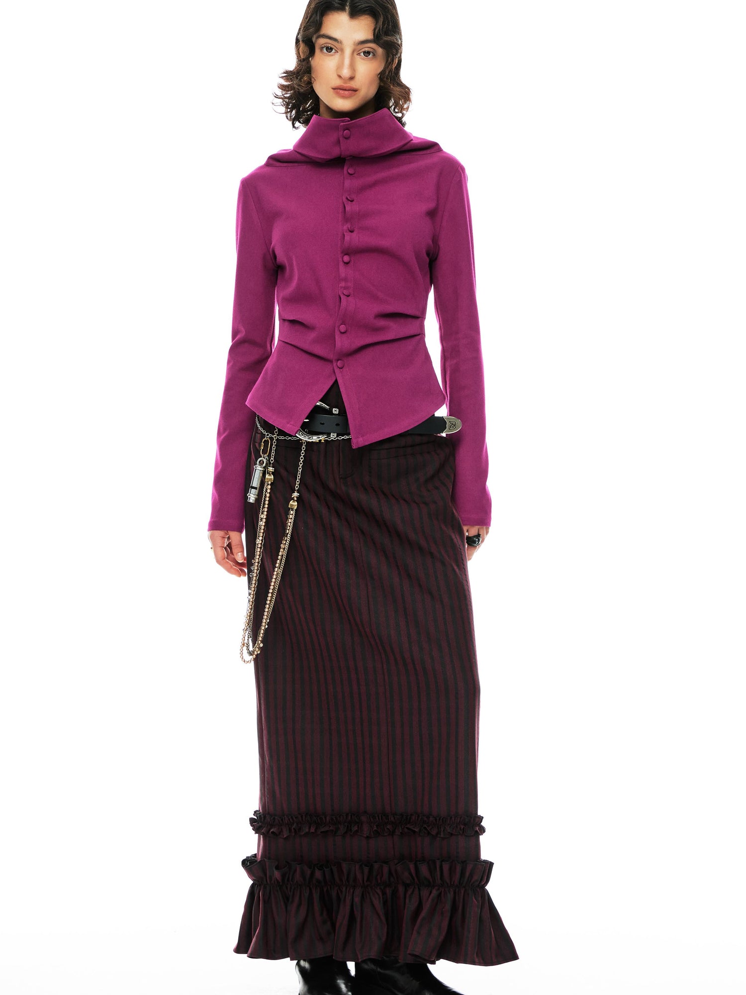 YOSHUYUKI Red Black Striped Straight Lace Maxi Skirt