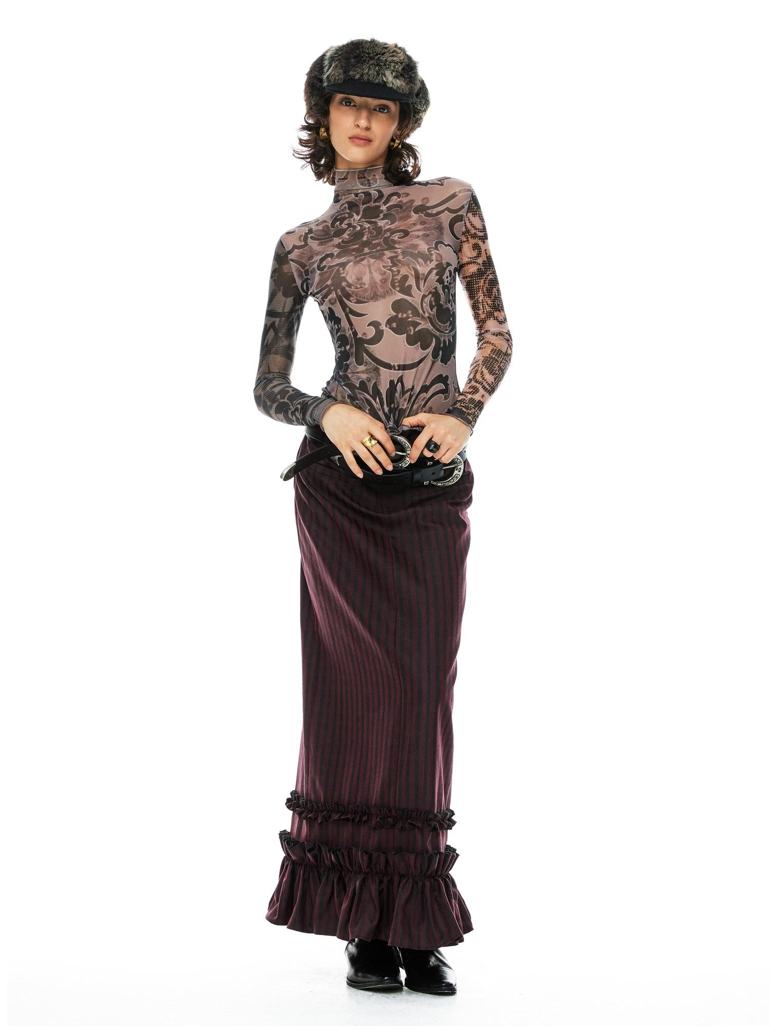 YOSHUYUKI Red Black Striped Straight Lace Maxi Skirt