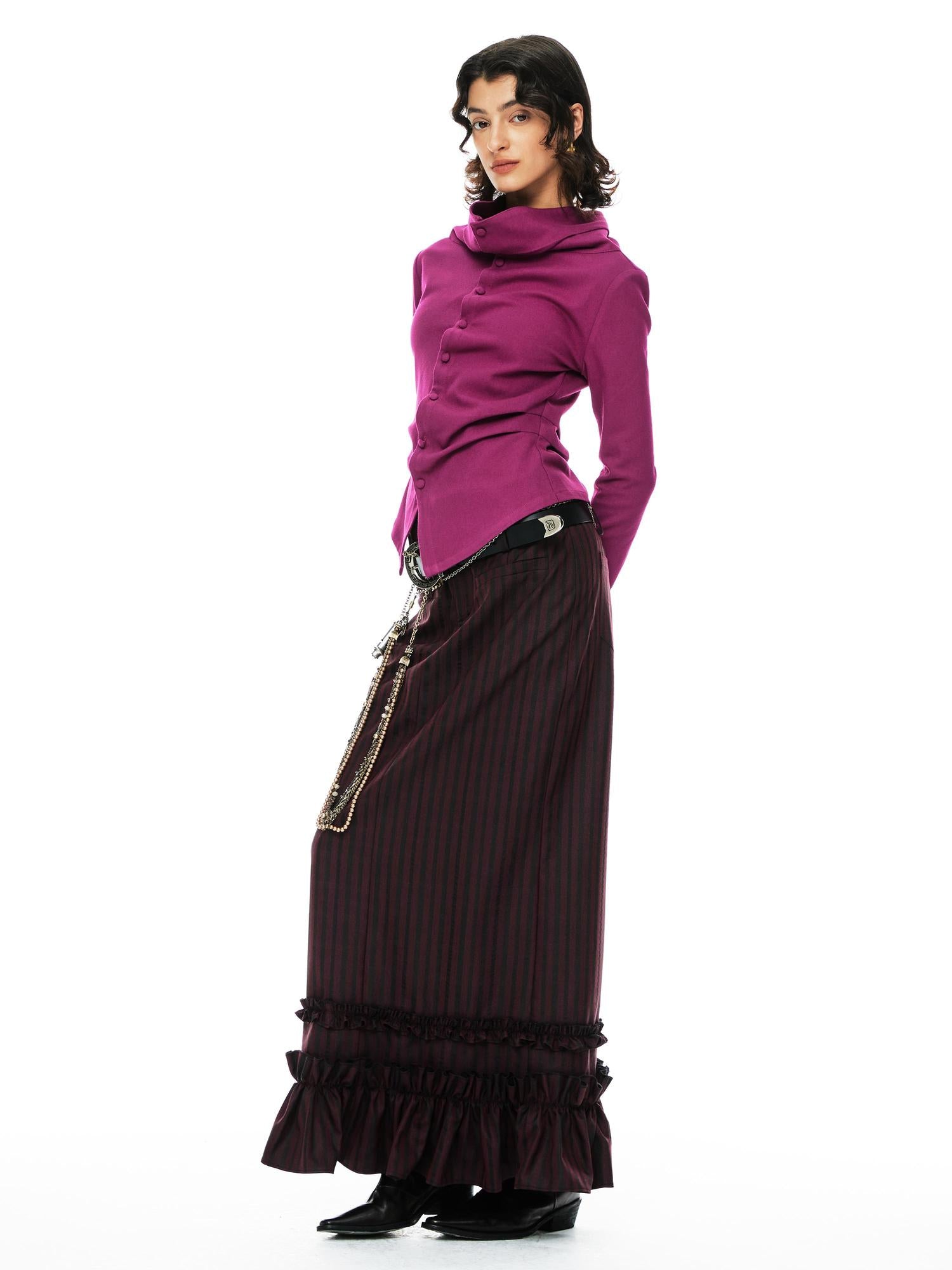 YOSHUYUKI Red Black Striped Straight Lace Maxi Skirt