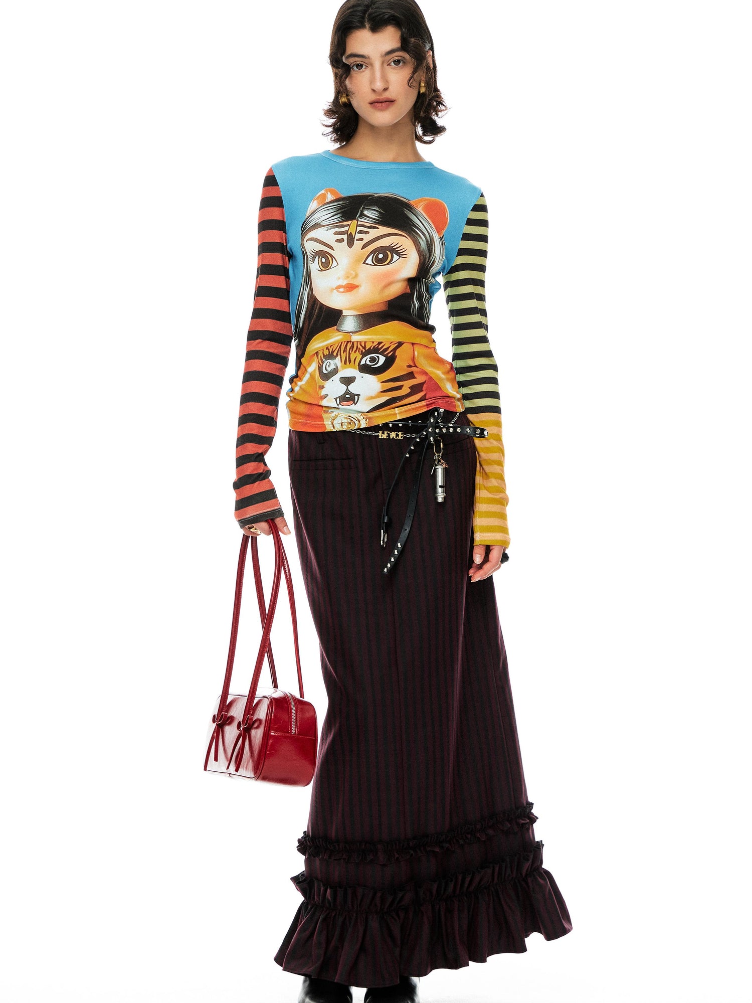 YOSHUYUKI Red Black Striped Straight Lace Maxi Skirt