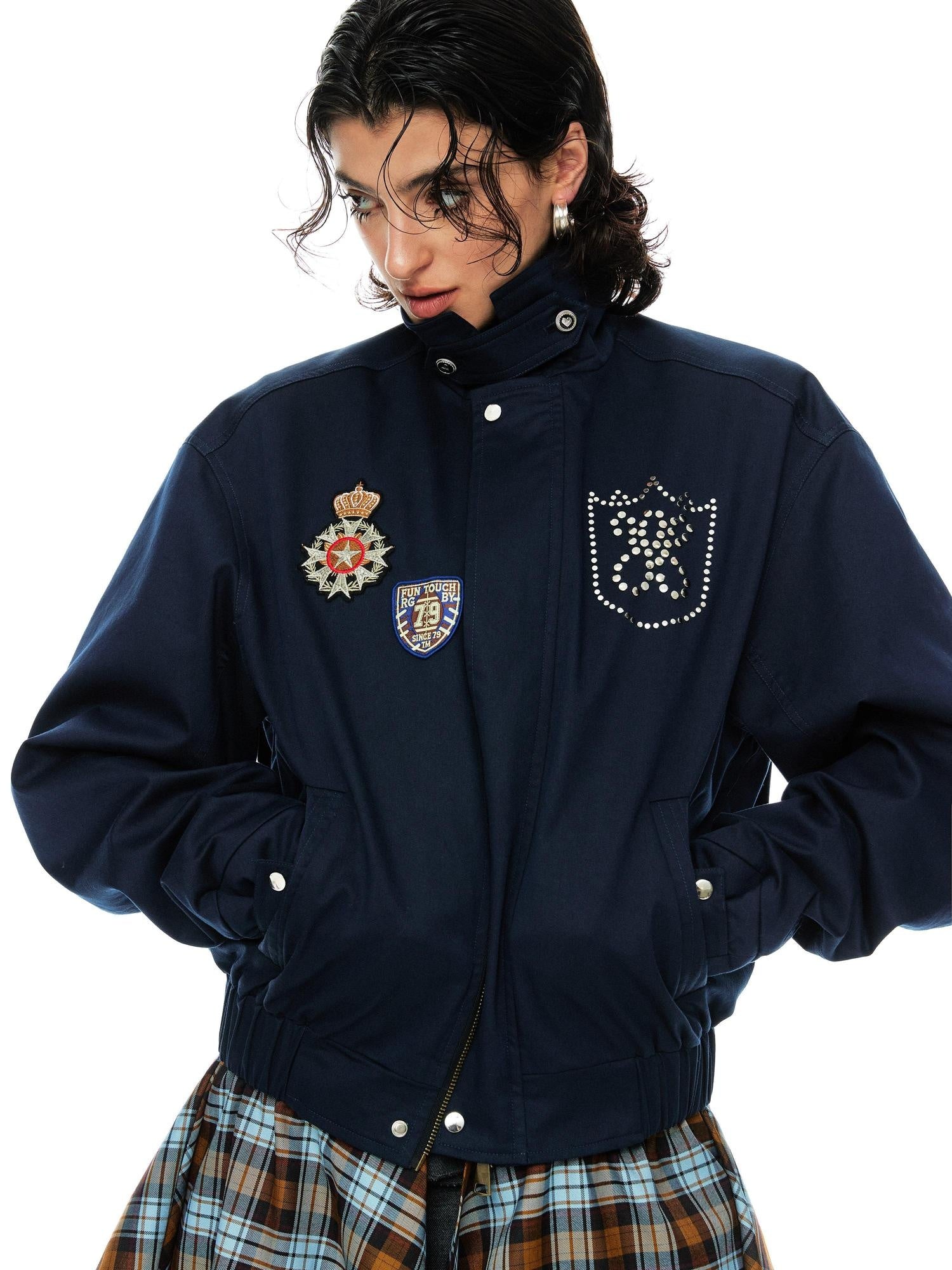 YOSHUYUKI Removable Organic Cotton Retro Straight Faux Layered Unisex Navy Puffer Jacket
