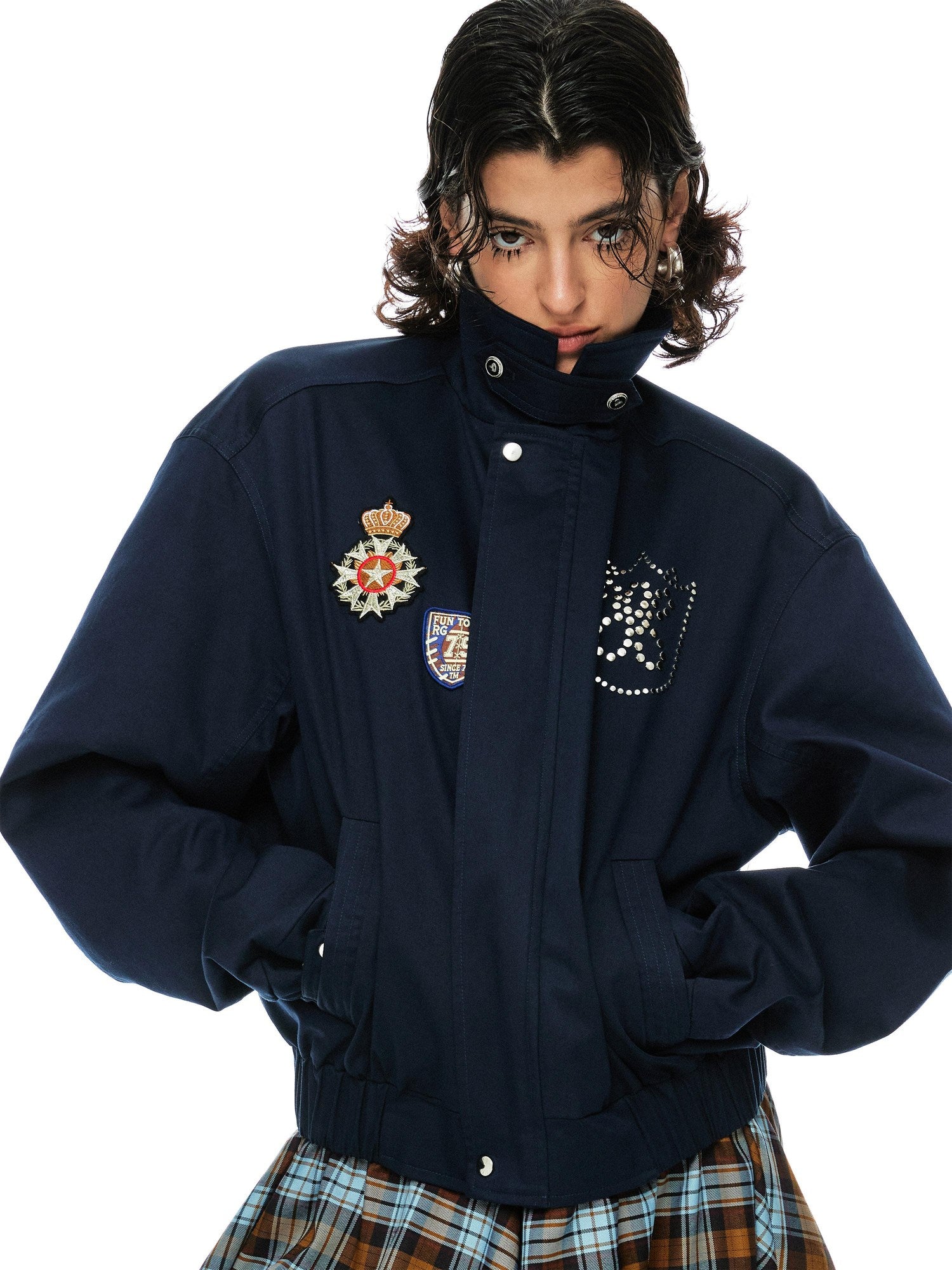 YOSHUYUKI Removable Organic Cotton Retro Straight Faux Layered Unisex Navy Puffer Jacket