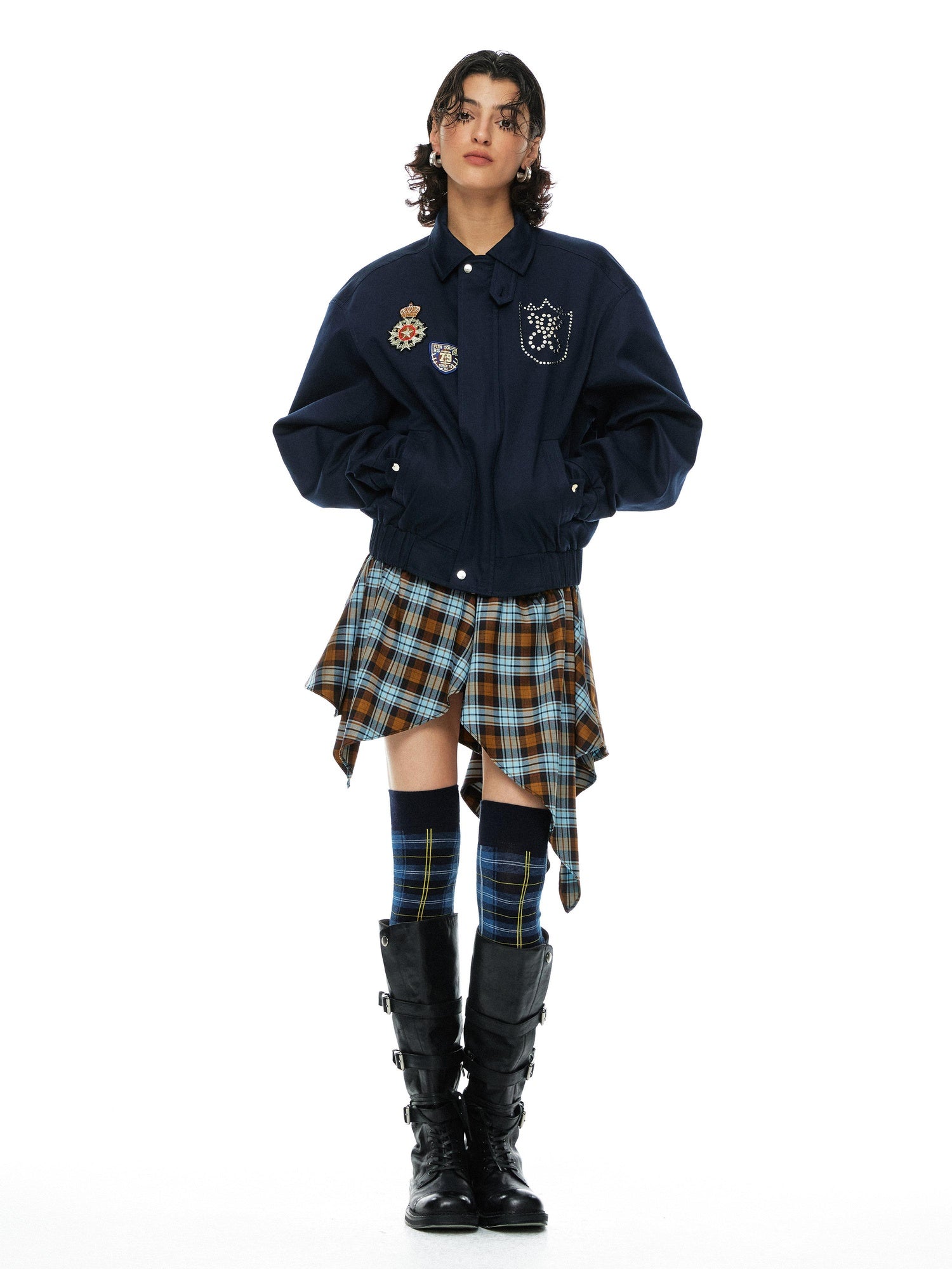 YOSHUYUKI Removable Organic Cotton Retro Straight Faux Layered Unisex Navy Puffer Jacket