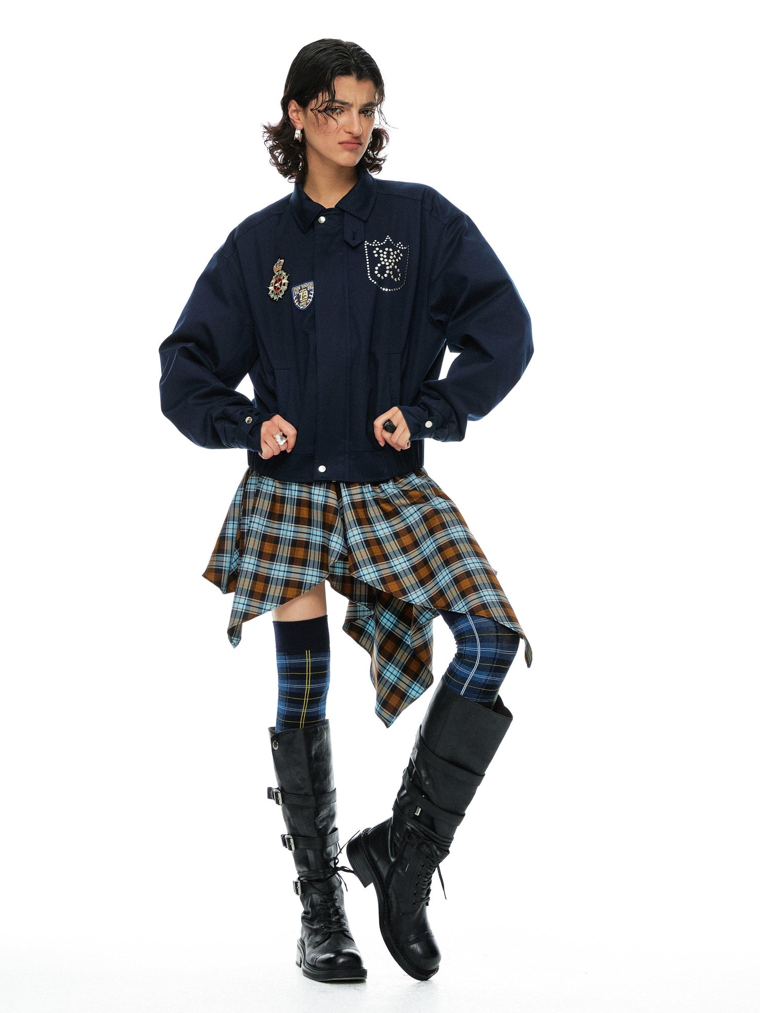 YOSHUYUKI Removable Organic Cotton Retro Straight Faux Layered Unisex Navy Puffer Jacket