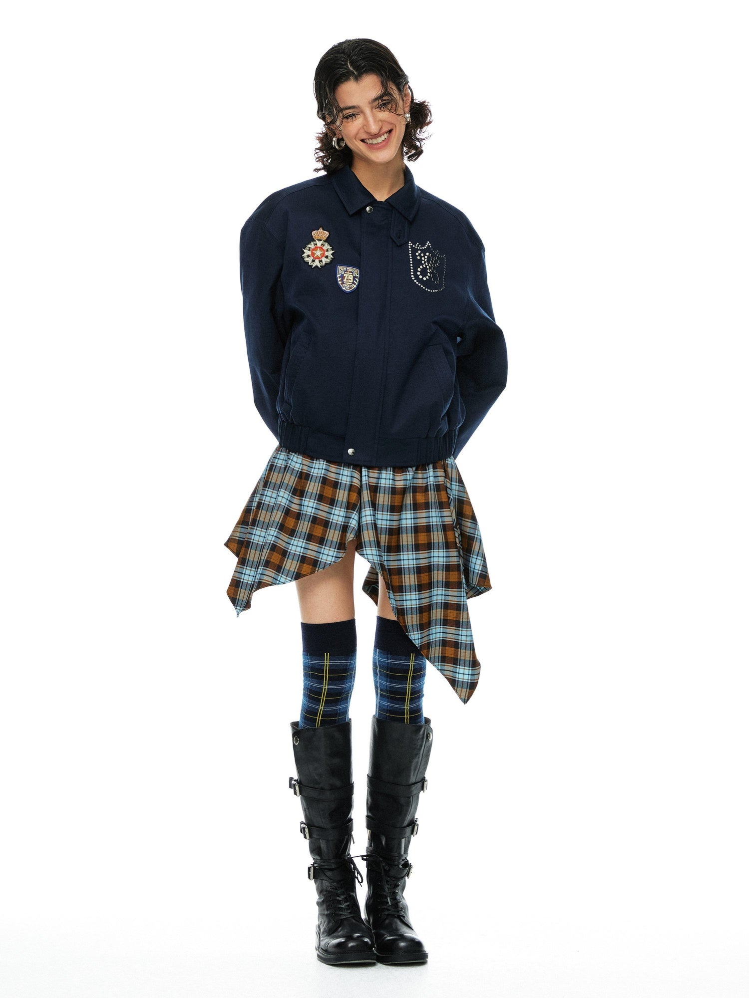 YOSHUYUKI Removable Organic Cotton Retro Straight Faux Layered Unisex Navy Puffer Jacket