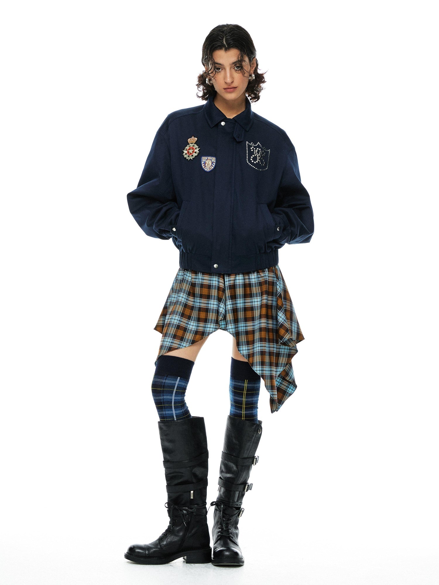 YOSHUYUKI Removable Organic Cotton Retro Straight Faux Layered Unisex Navy Puffer Jacket