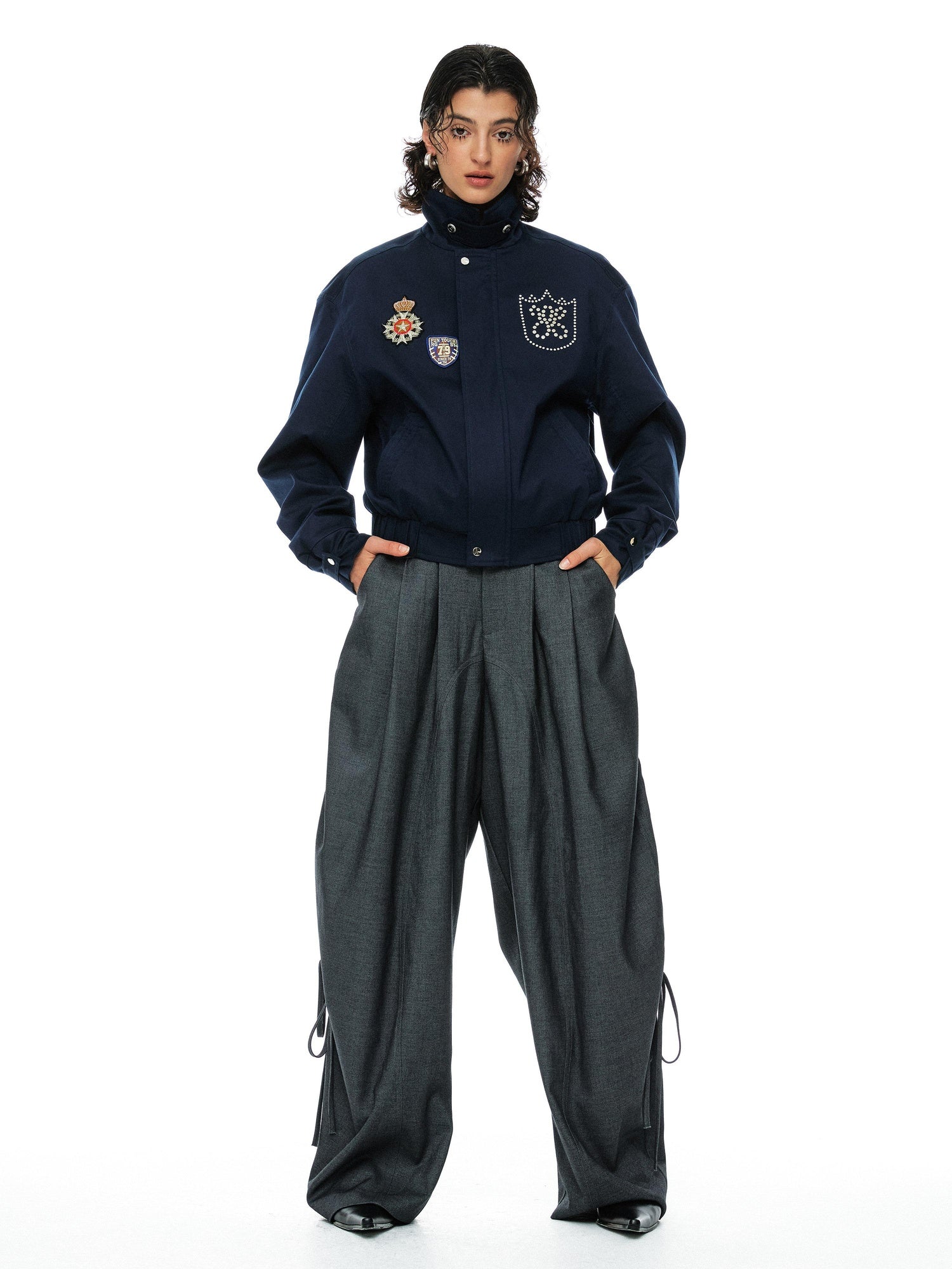 YOSHUYUKI Removable Organic Cotton Retro Straight Faux Layered Unisex Navy Puffer Jacket