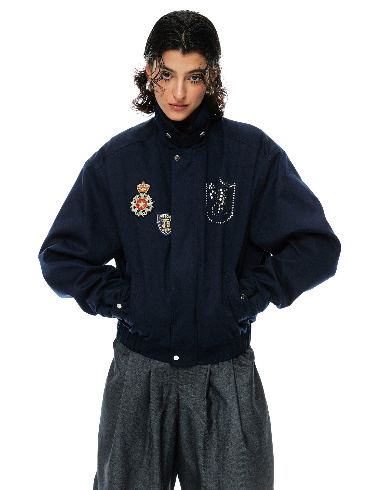 YOSHUYUKI Removable Organic Cotton Retro Straight Faux Layered Unisex Navy Puffer Jacket