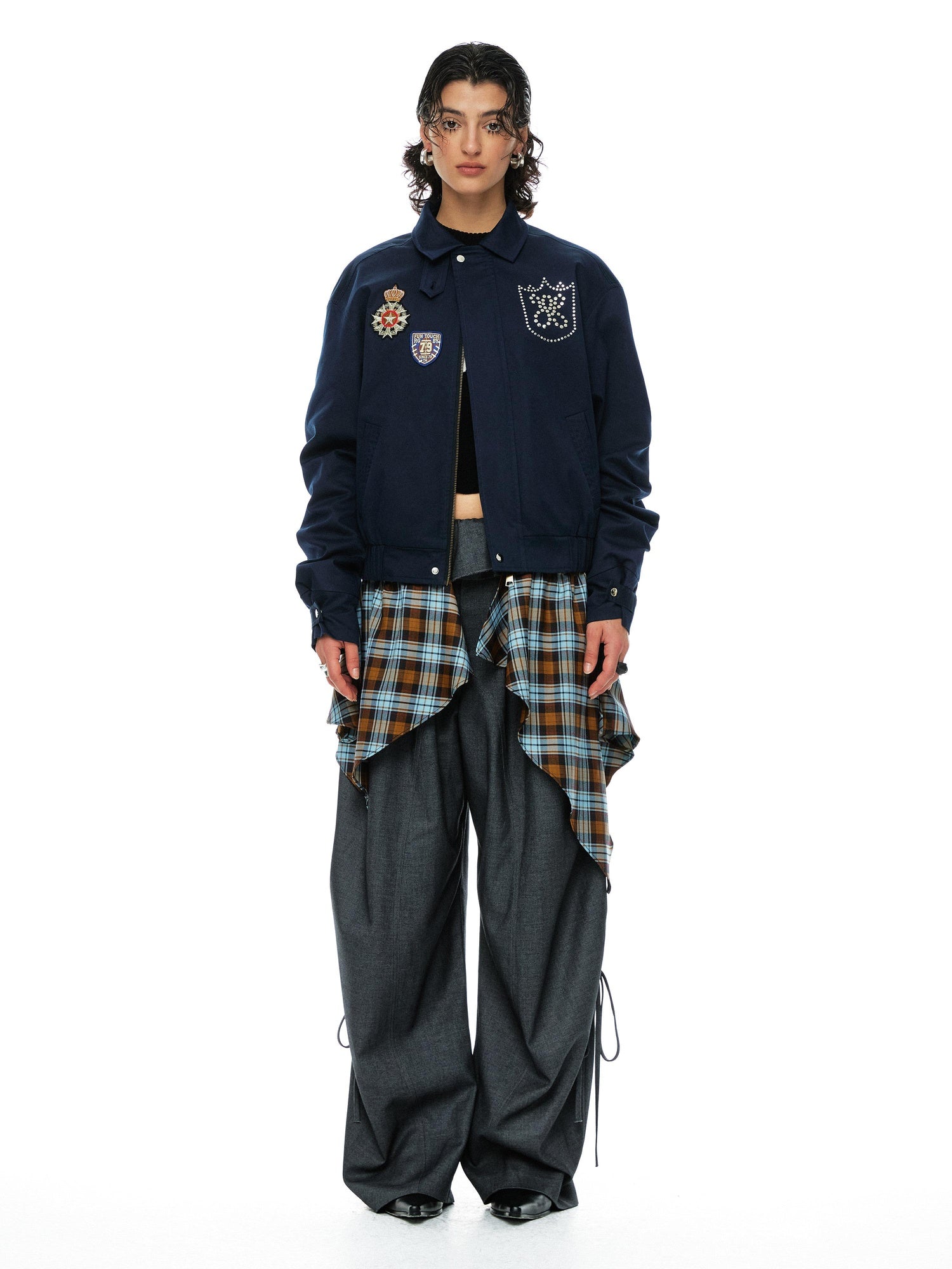 YOSHUYUKI Removable Organic Cotton Retro Straight Faux Layered Unisex Navy Puffer Jacket