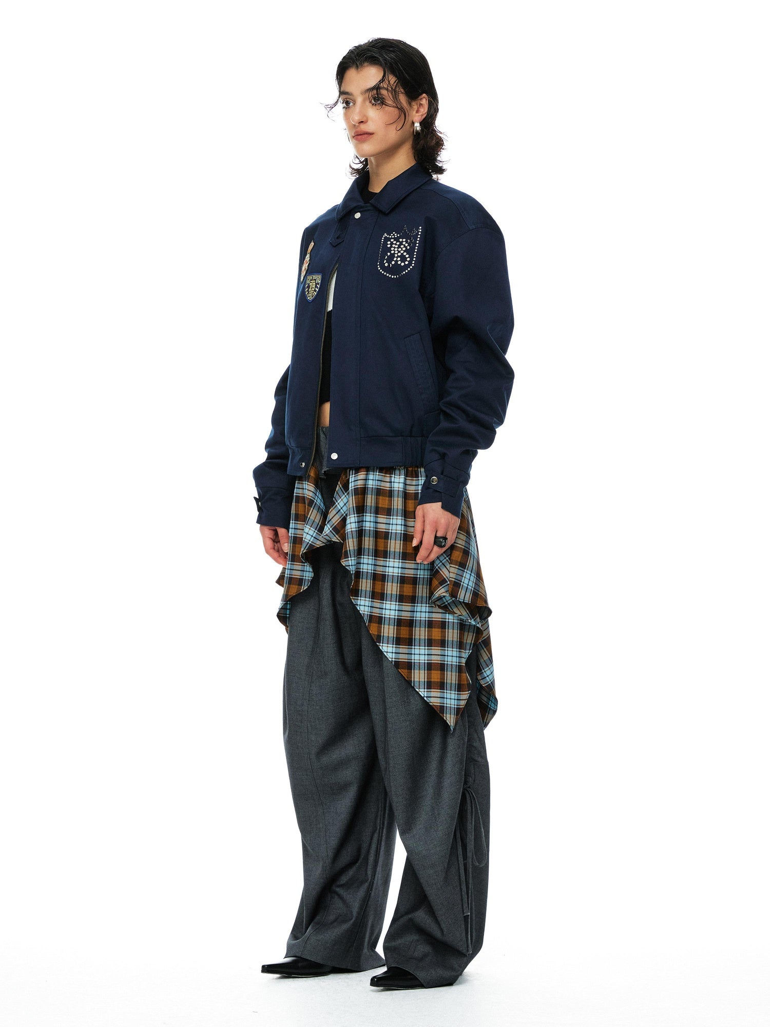 YOSHUYUKI Removable Organic Cotton Retro Straight Faux Layered Unisex Navy Puffer Jacket