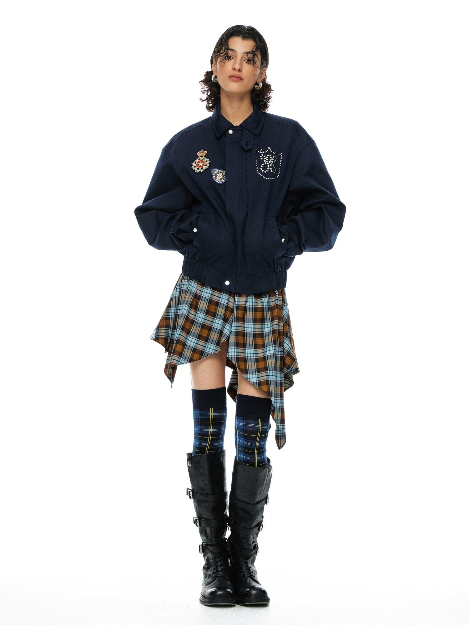 YOSHUYUKI Removable Organic Cotton Retro Straight Faux Layered Unisex Navy Puffer Jacket