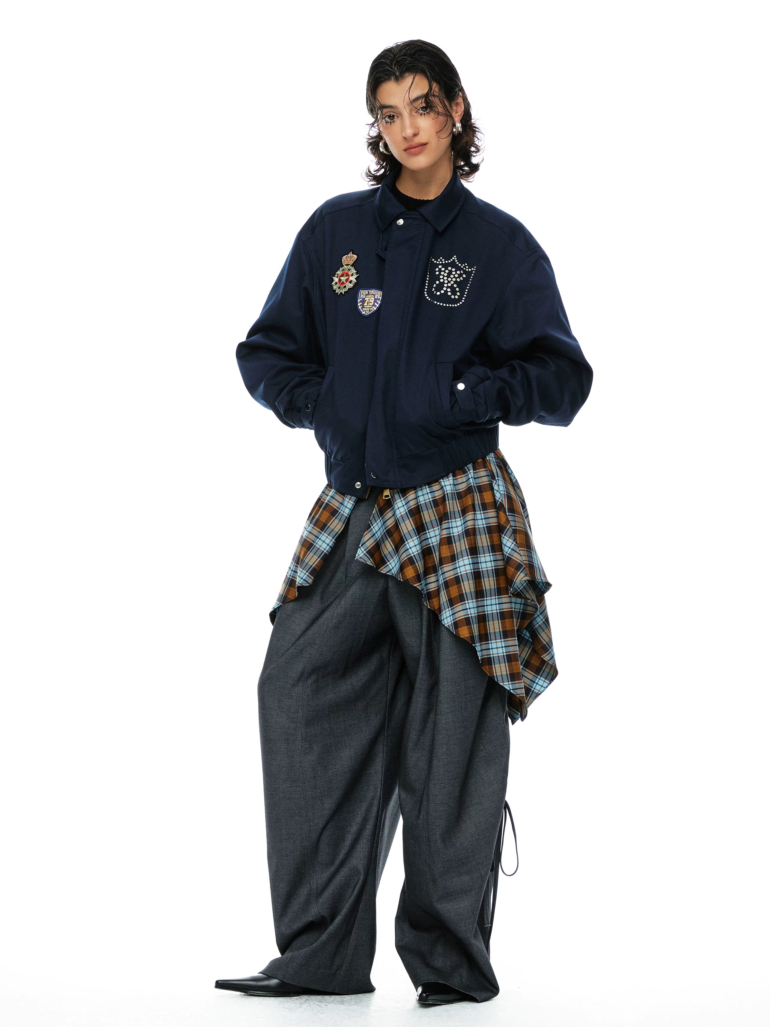 YOSHUYUKI Removable Organic Cotton Retro Straight Faux Layered Unisex Navy Puffer Jacket-5