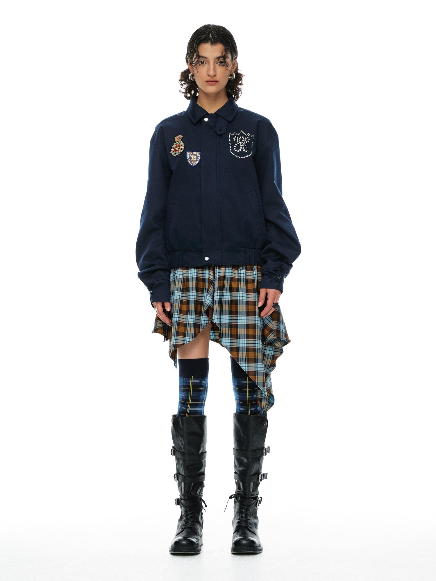 YOSHUYUKI Removable Organic Cotton Retro Straight Faux Layered Unisex Navy Puffer Jacket