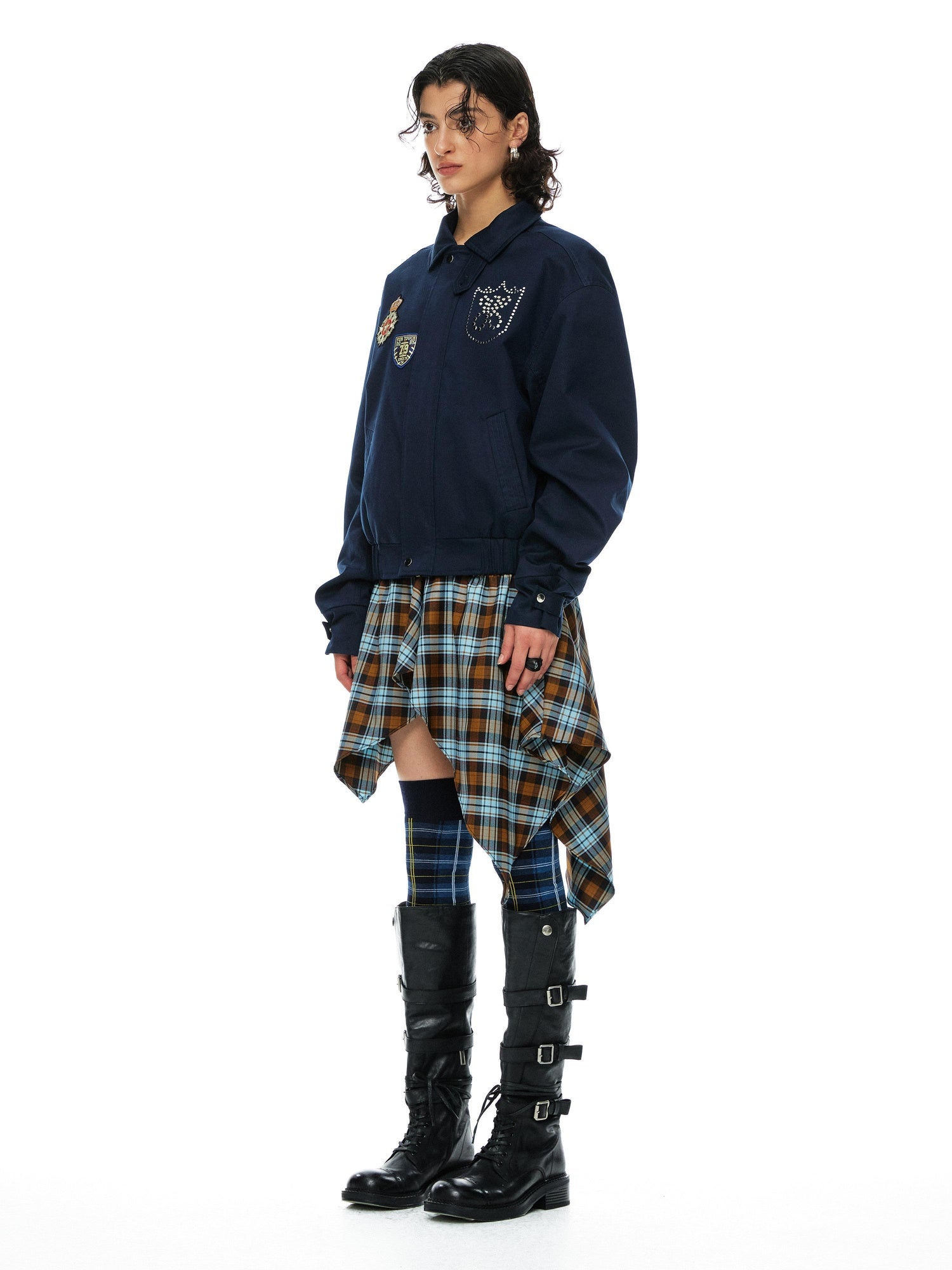 YOSHUYUKI Removable Organic Cotton Retro Straight Faux Layered Unisex Navy Puffer Jacket