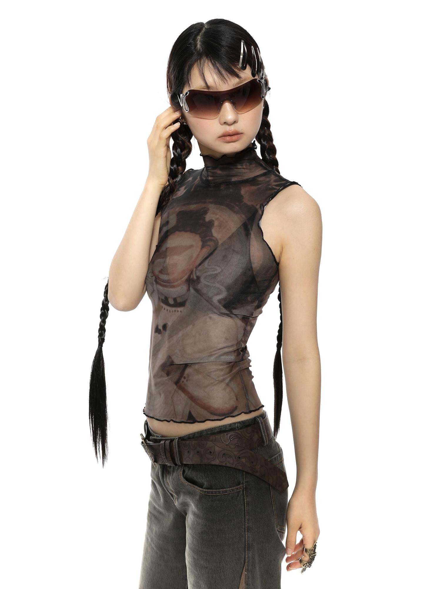 YOSHUYUKI Retro Buddha Print Mesh High Neck Sleeveless Top