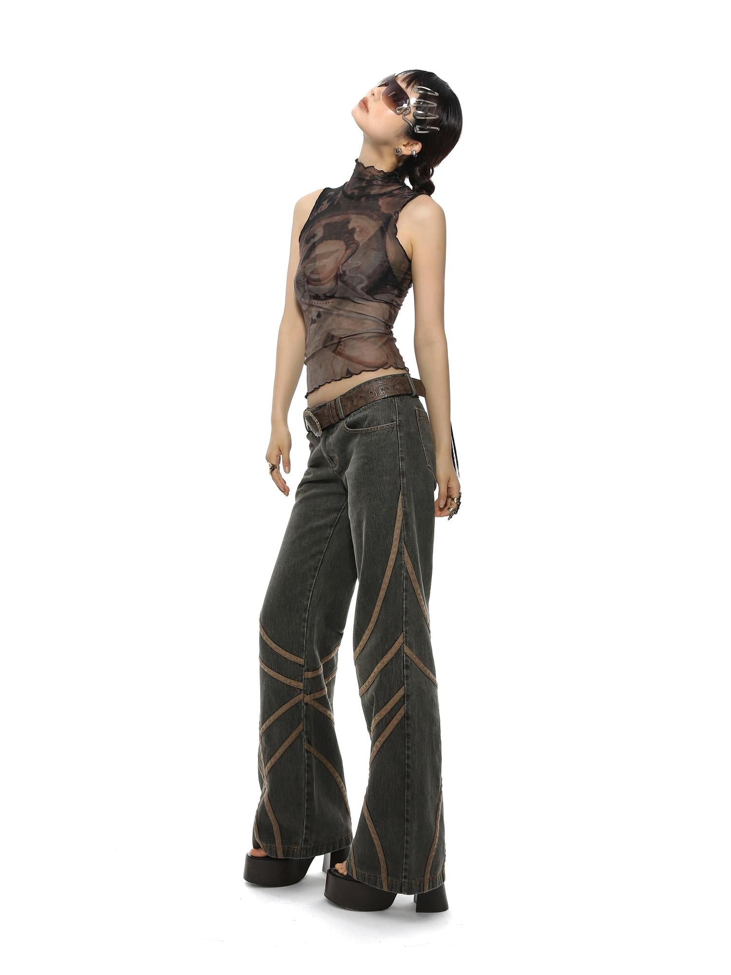 YOSHUYUKI Retro Buddha Print Mesh High Neck Sleeveless Top