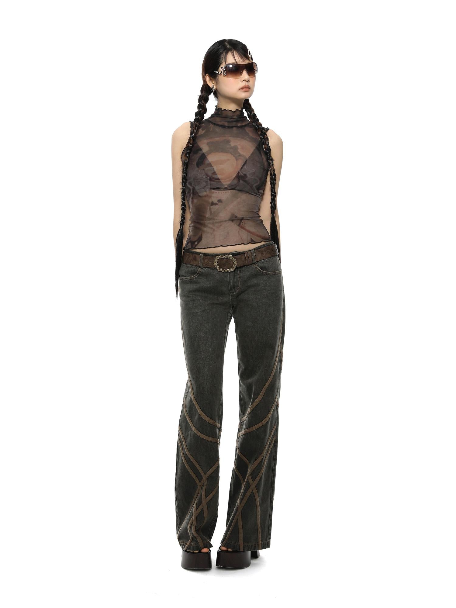 YOSHUYUKI Retro Buddha Print Mesh High Neck Sleeveless Top