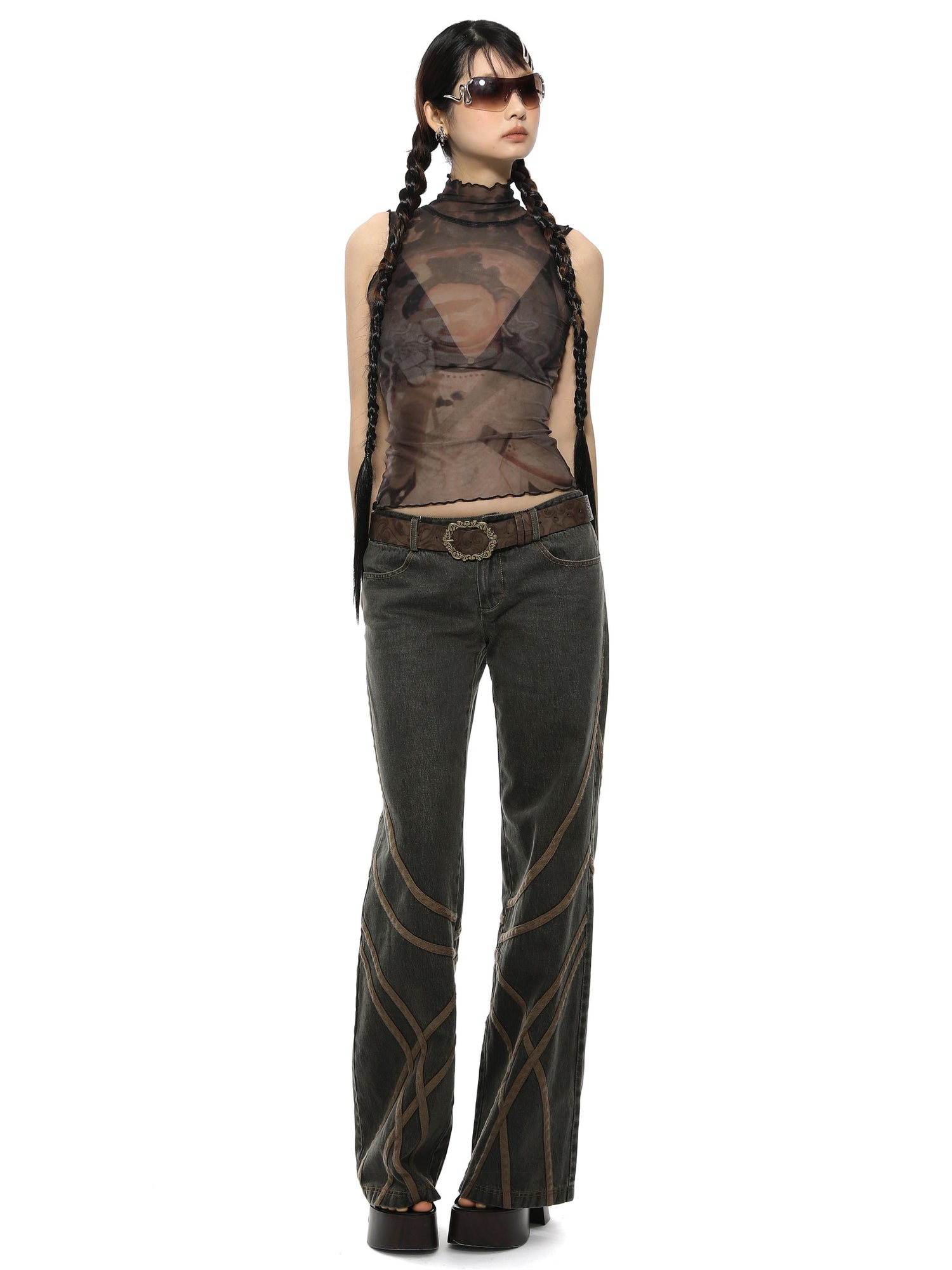 YOSHUYUKI Retro Buddha Print Mesh High Neck Sleeveless Top