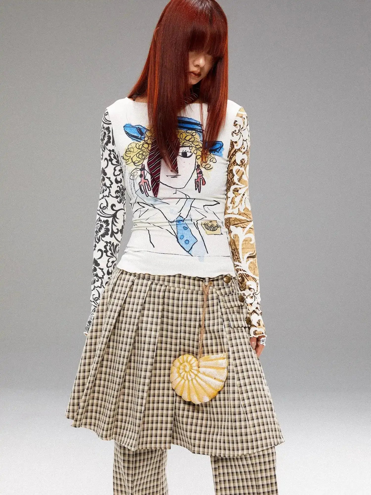 Retro Navy Print Knit Top With Floral Sleeves V Neck T Shirt Long Sleeve