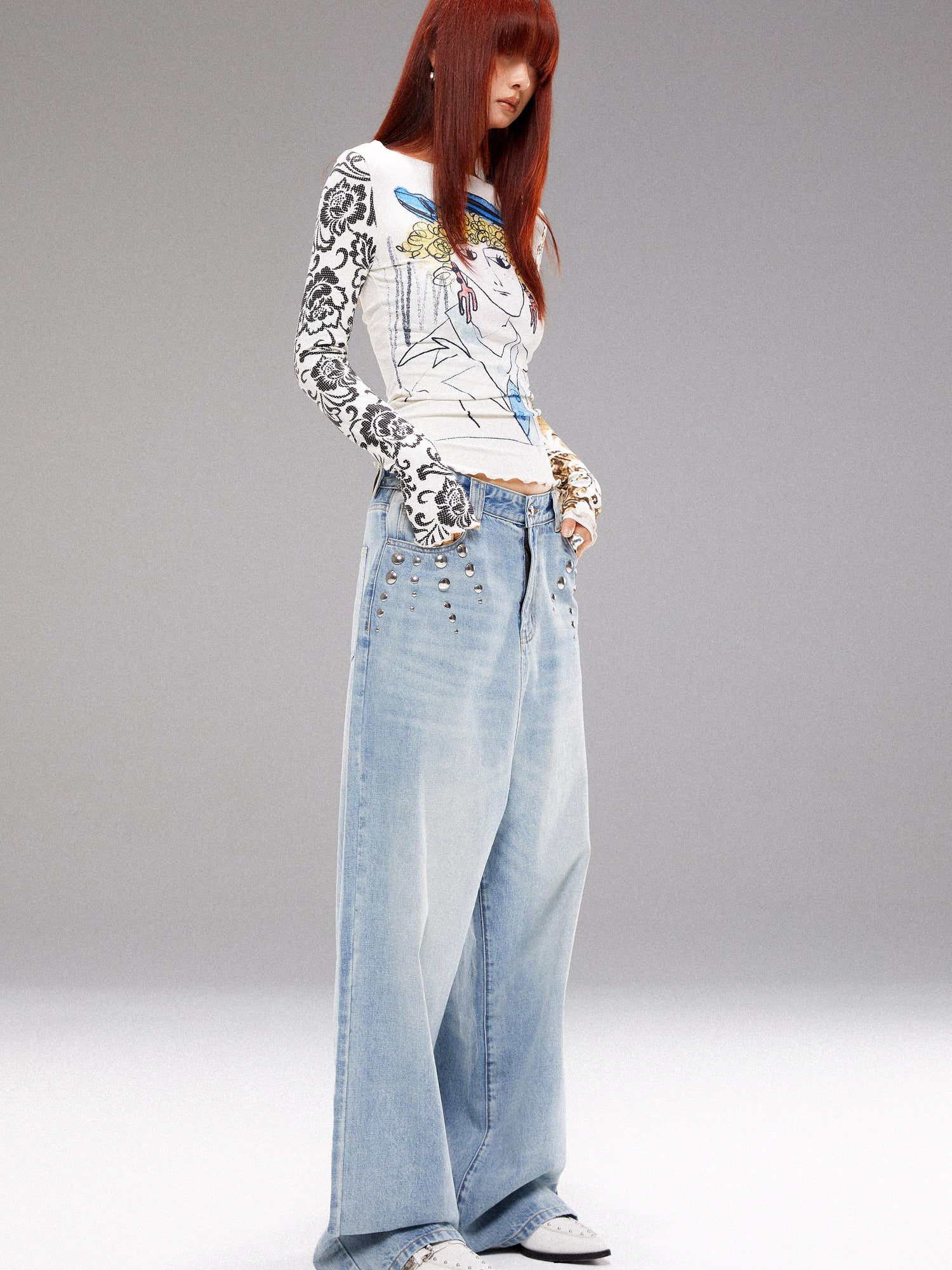 YOSHUYUKI Retro Navy Print Knit Top With Floral Sleeves V Neck T Shirt Long Sleeve