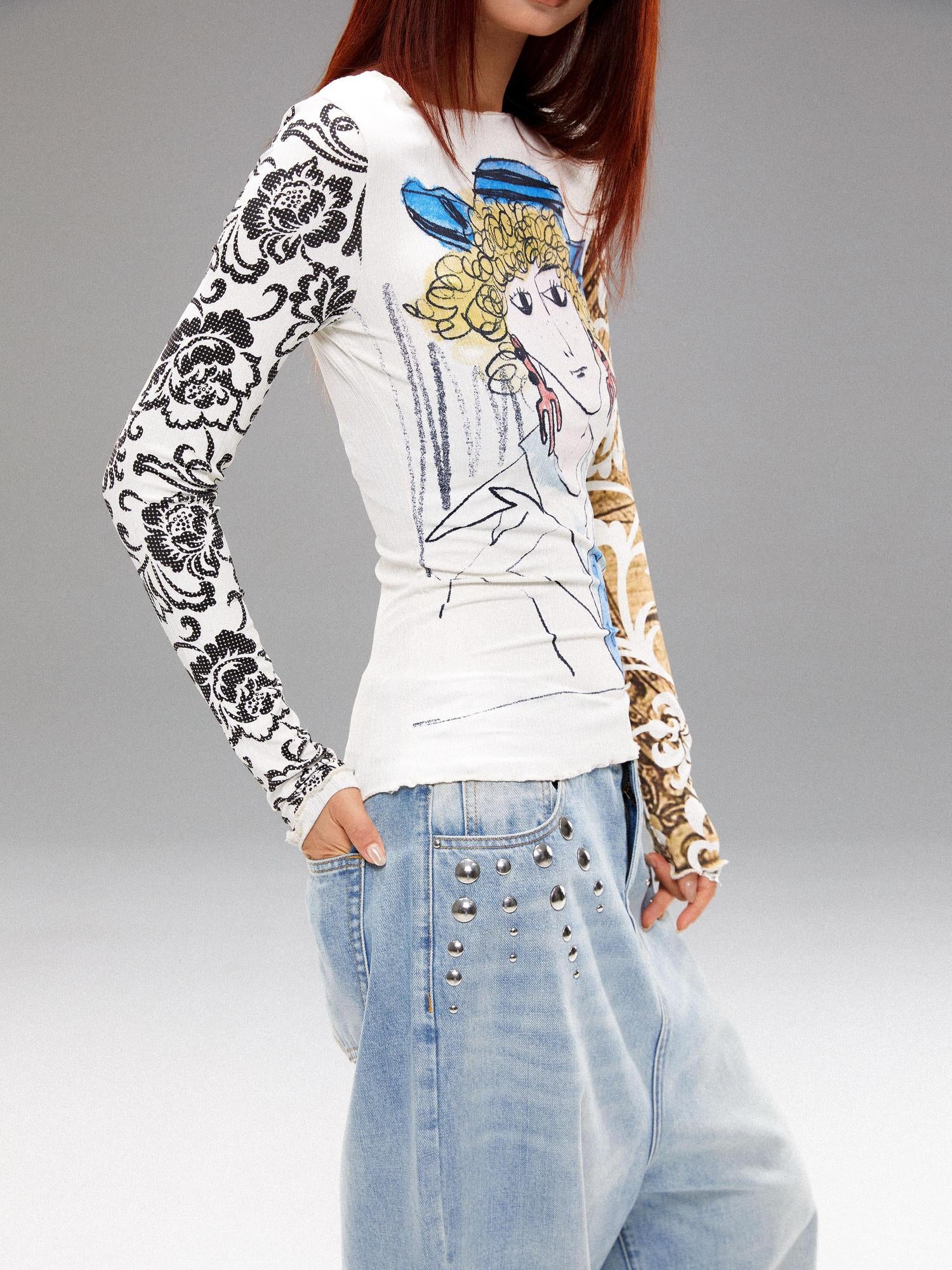 YOSHUYUKI Retro Navy Print Knit Top With Floral Sleeves V Neck T Shirt Long Sleeve