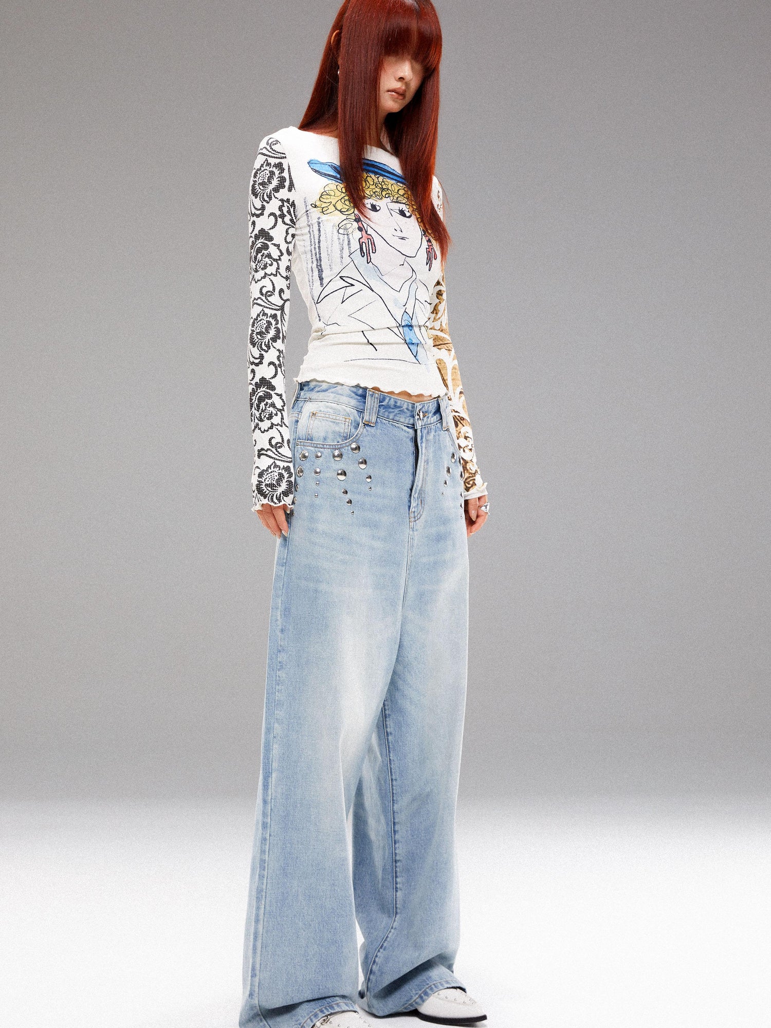 YOSHUYUKI Retro Navy Print Knit Top With Floral Sleeves V Neck T Shirt Long Sleeve