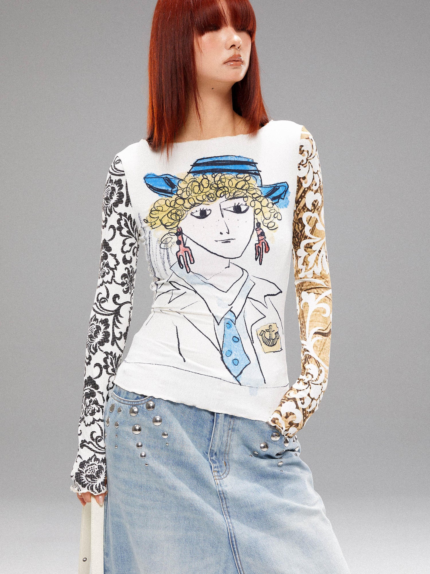 YOSHUYUKI Retro Navy Print Knit Top With Floral Sleeves V Neck T Shirt Long Sleeve
