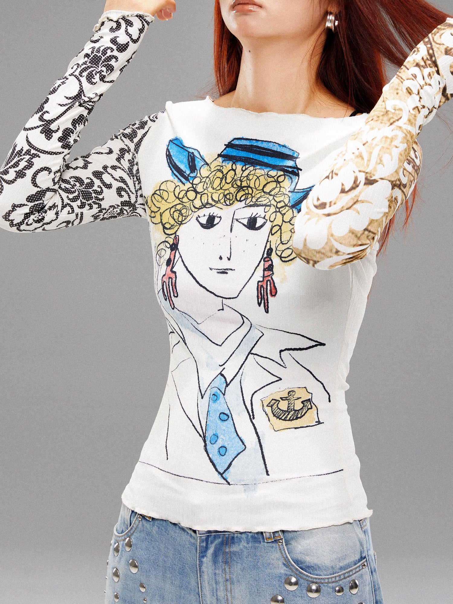 YOSHUYUKI Retro Navy Print Knit Top With Floral Sleeves V Neck T Shirt Long Sleeve