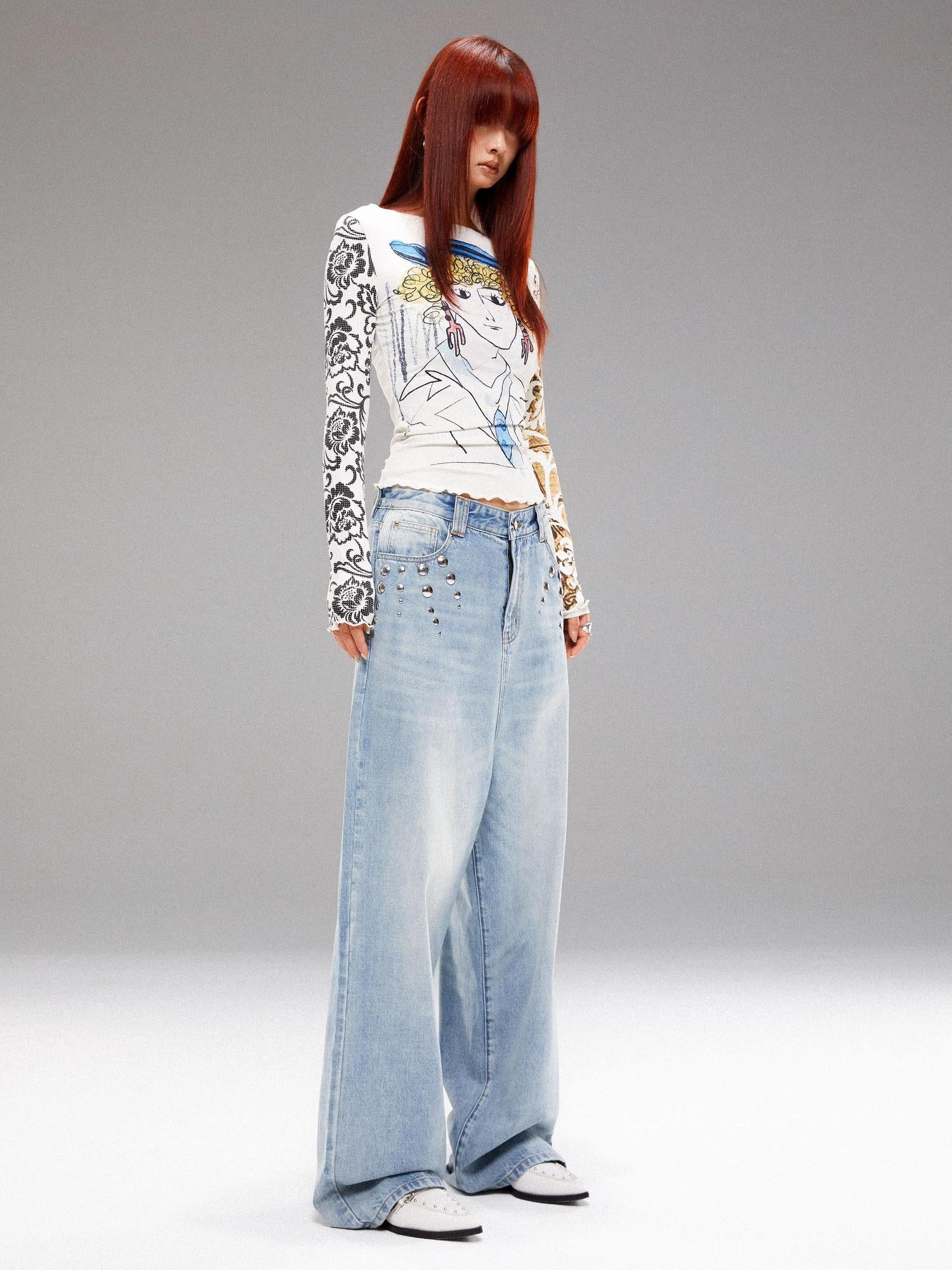 YOSHUYUKI Retro Navy Print Knit Top With Floral Sleeves V Neck T Shirt Long Sleeve