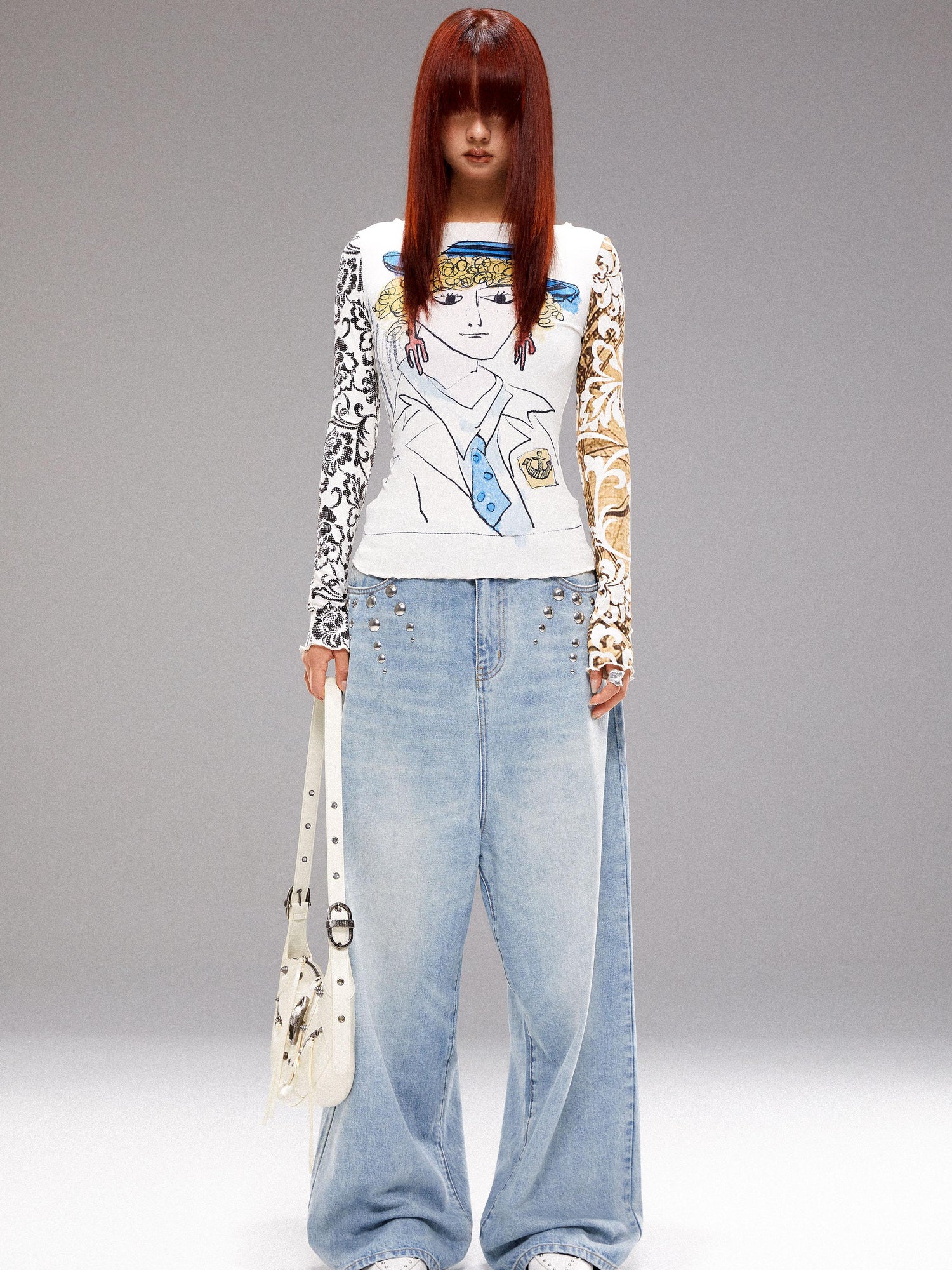 YOSHUYUKI Retro Navy Print Knit Top With Floral Sleeves V Neck T Shirt Long Sleeve