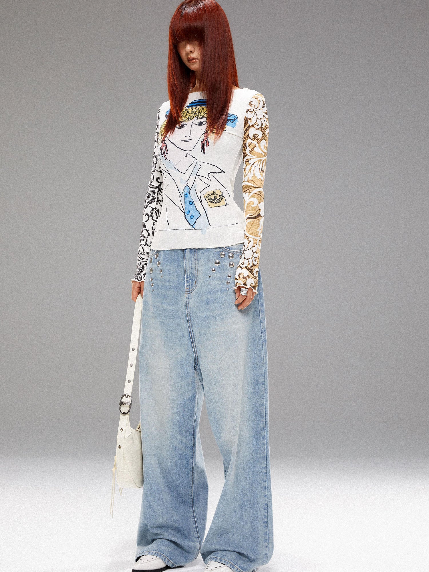 YOSHUYUKI Retro Navy Print Knit Top With Floral Sleeves V Neck T Shirt Long Sleeve