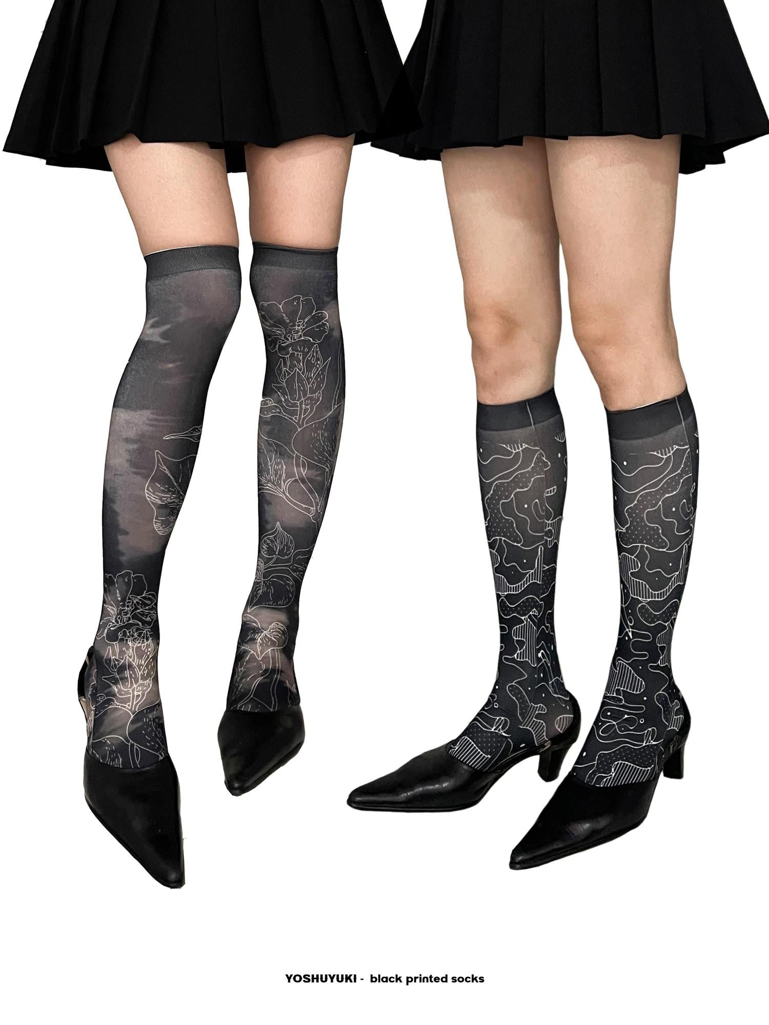 YOSHUYUKI Retro Printed Sheer 60d Stretch Mid Calf Women&