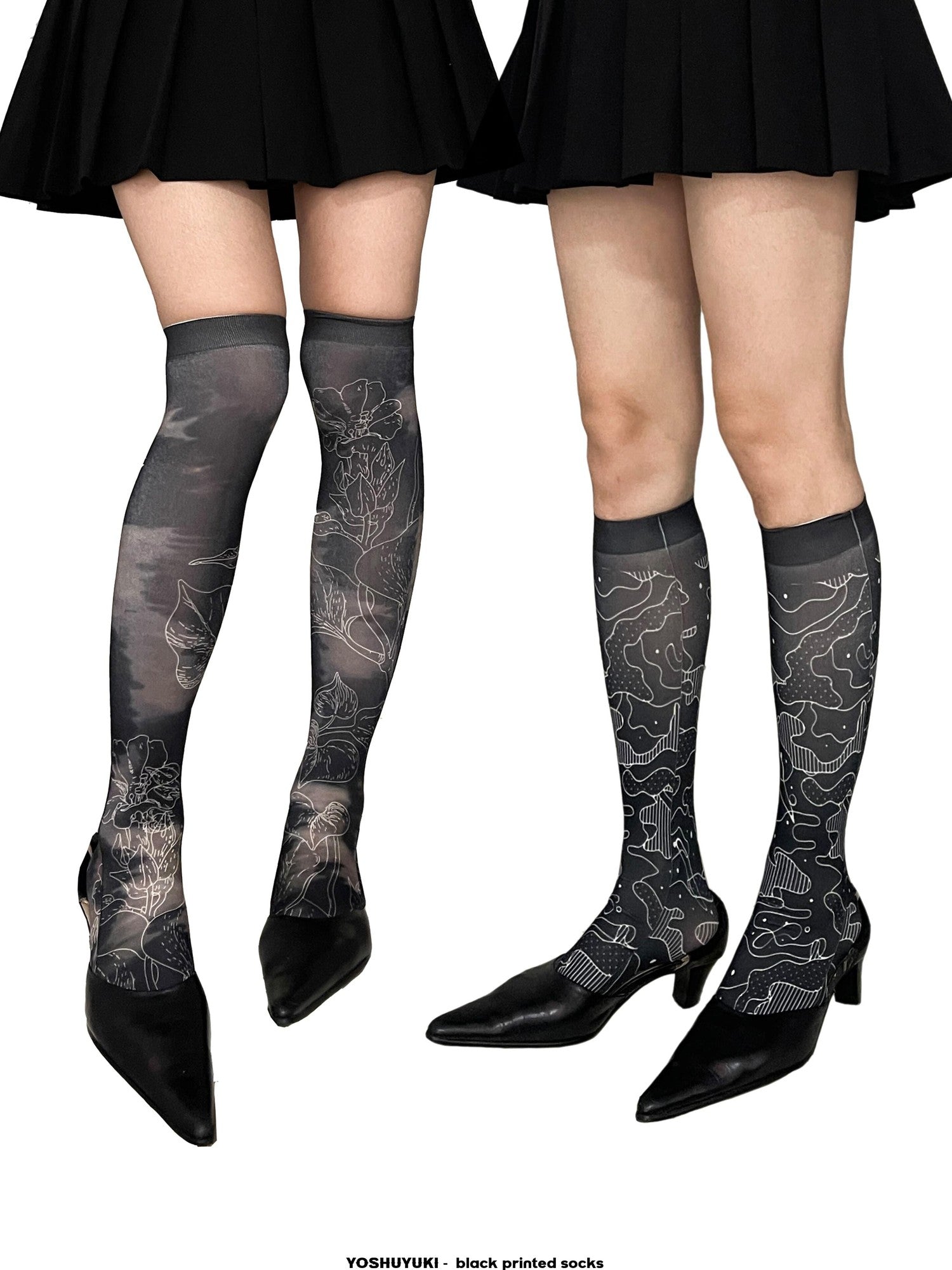 YOSHUYUKI Retro Printed Sheer 60d Stretch Mid Calf Women&
