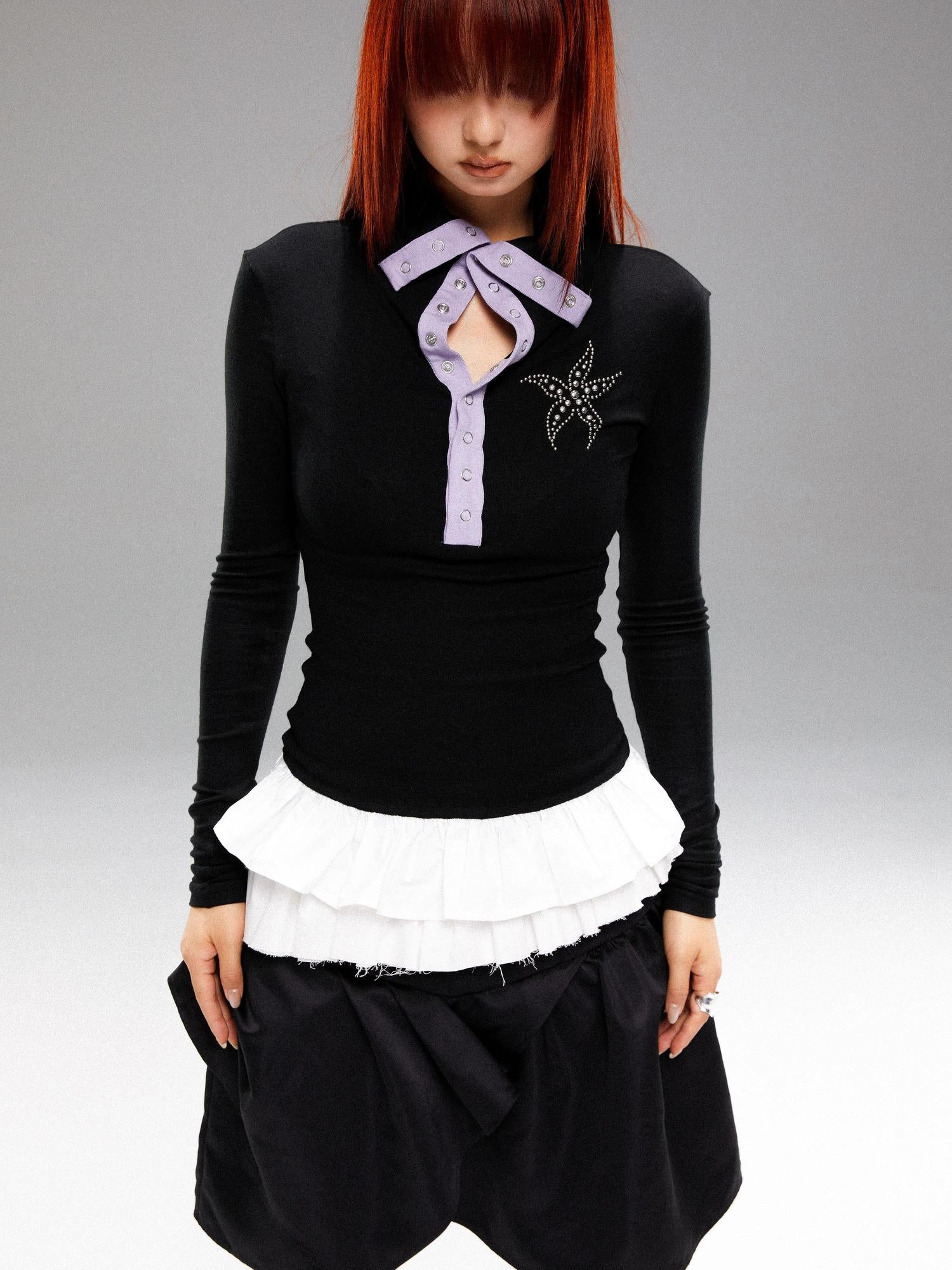 YOSHUYUKI Sea Star Studded Contrast Knit Top
