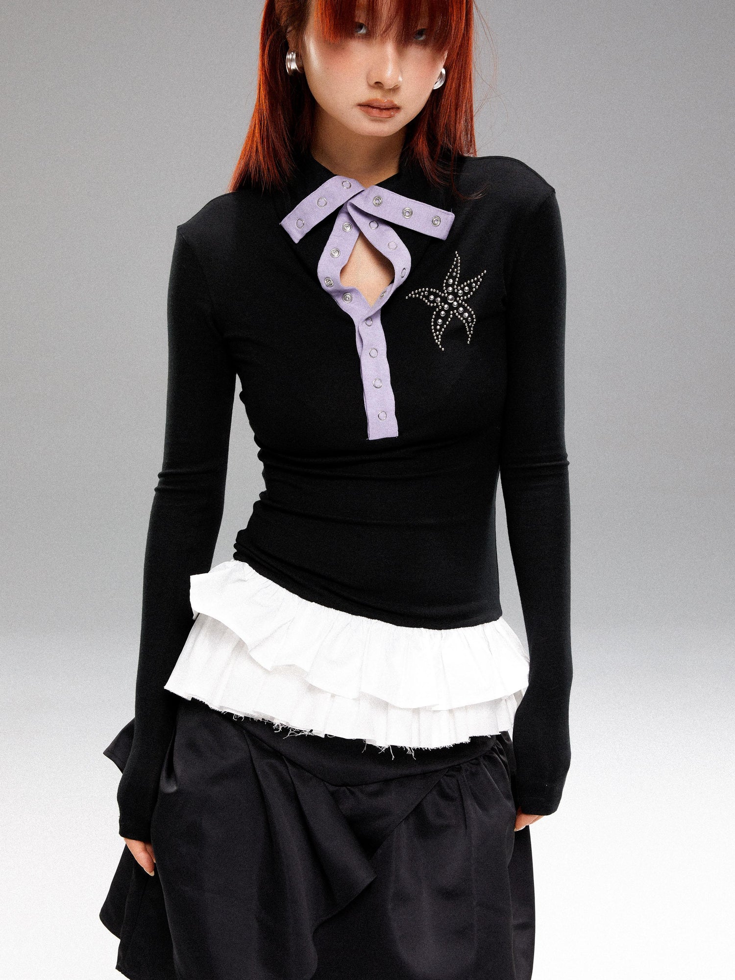 YOSHUYUKI Sea Star Studded Contrast Knit Top