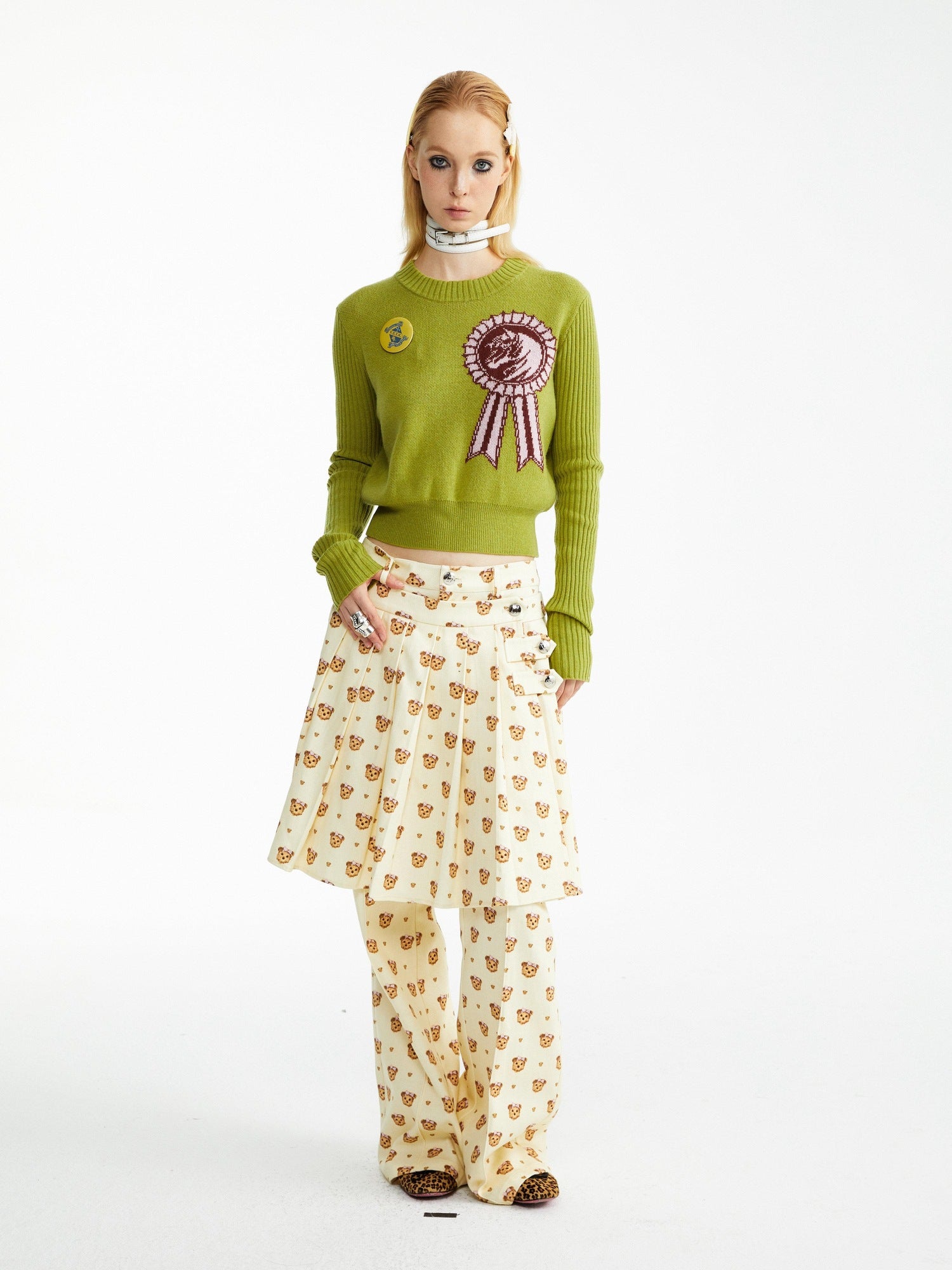 YOSHUYUKI Soft Cotton Lyocell Pleated Natural Waist Girls Bear Print Casual Pants