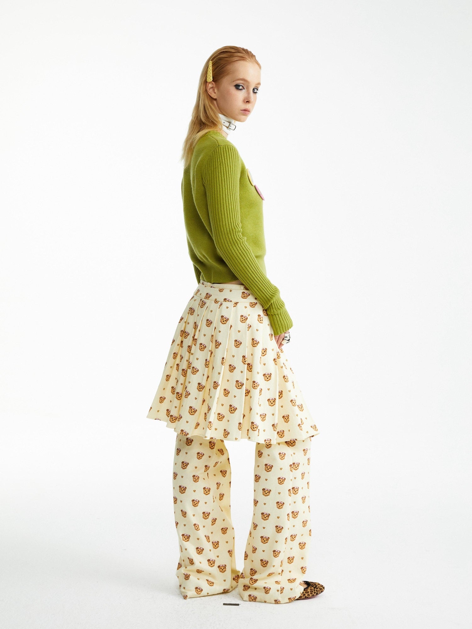 YOSHUYUKI Soft Cotton Lyocell Pleated Natural Waist Girls Bear Print Casual Pants