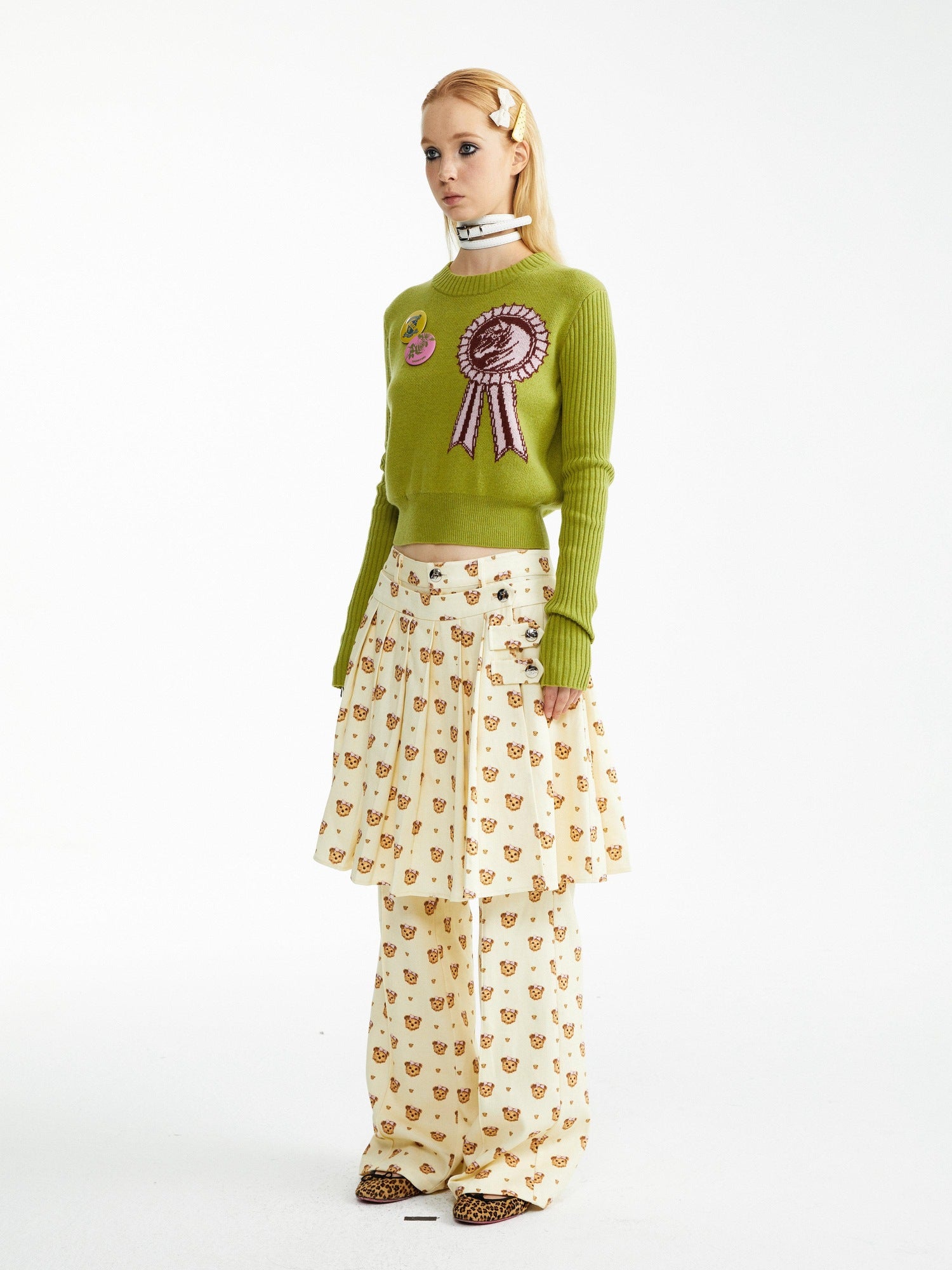 YOSHUYUKI Soft Cotton Lyocell Pleated Natural Waist Girls Bear Print Casual Pants
