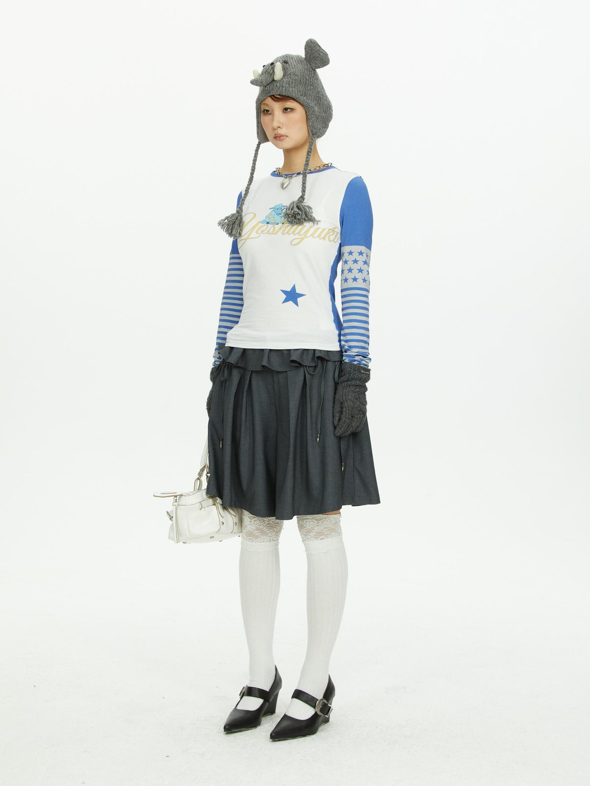 YOSHUYUKI Star Print Colorblock Sleeve Y2k Retro Women&