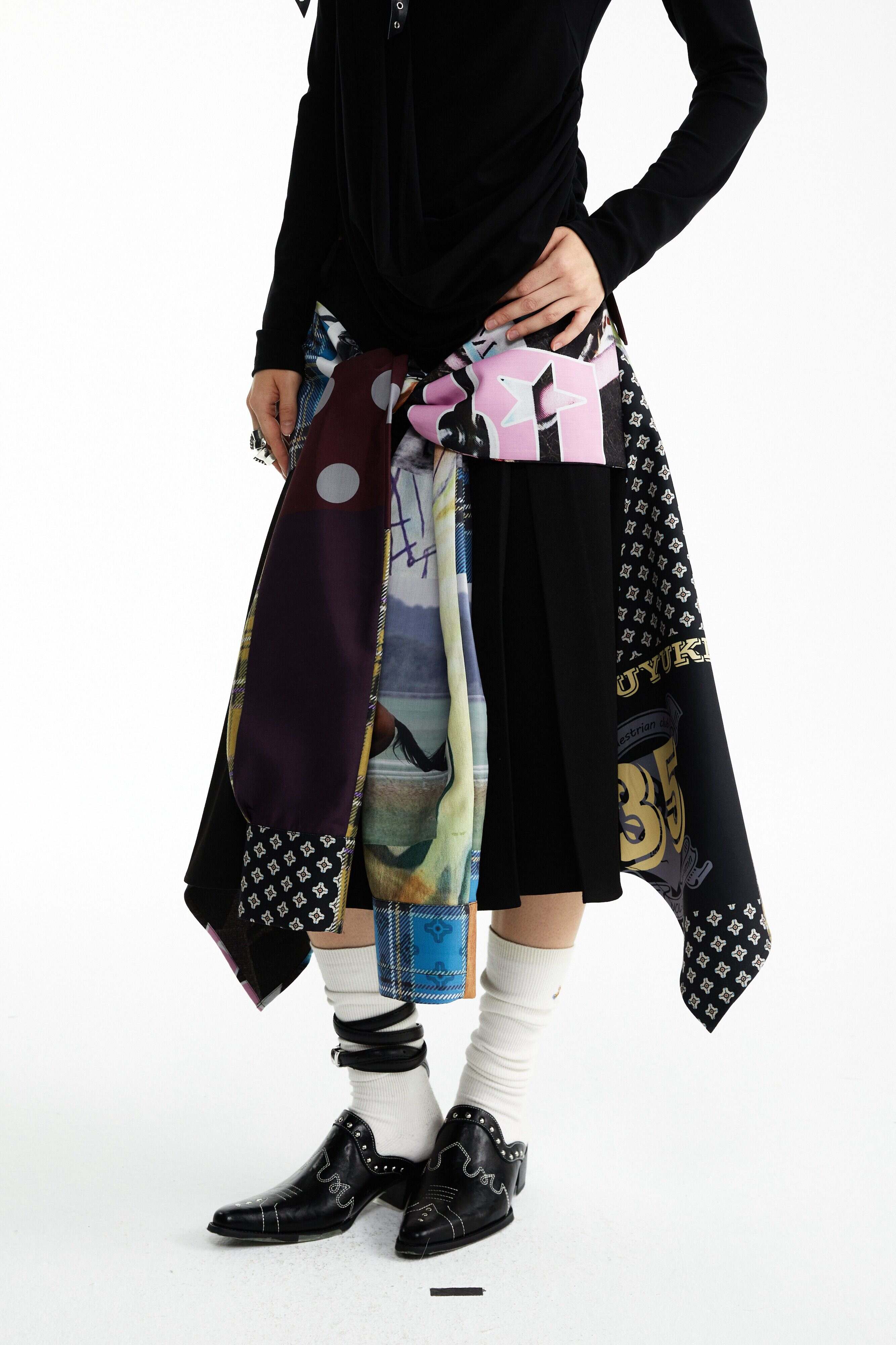 YOSHUYUKI_Statement_Deconstructed_Asymmetrical_Patchwork_Casual_Women_Printed_Midi_Skirt_MISSTT