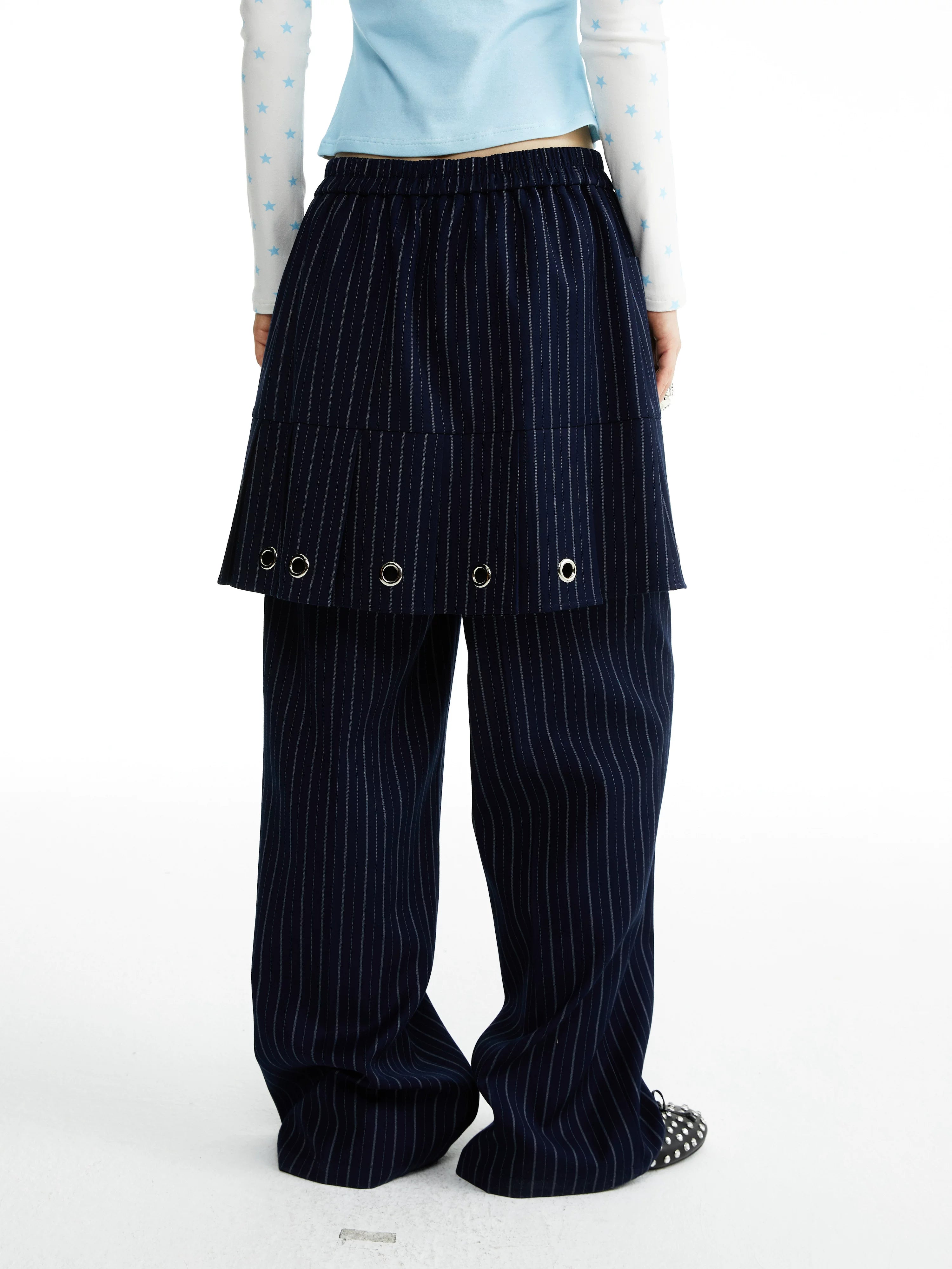 YOSHUYUKI Stretch Comfort Clean Fit Faux Two Piece Natural Waist Unisex Striped Navy Pants-2