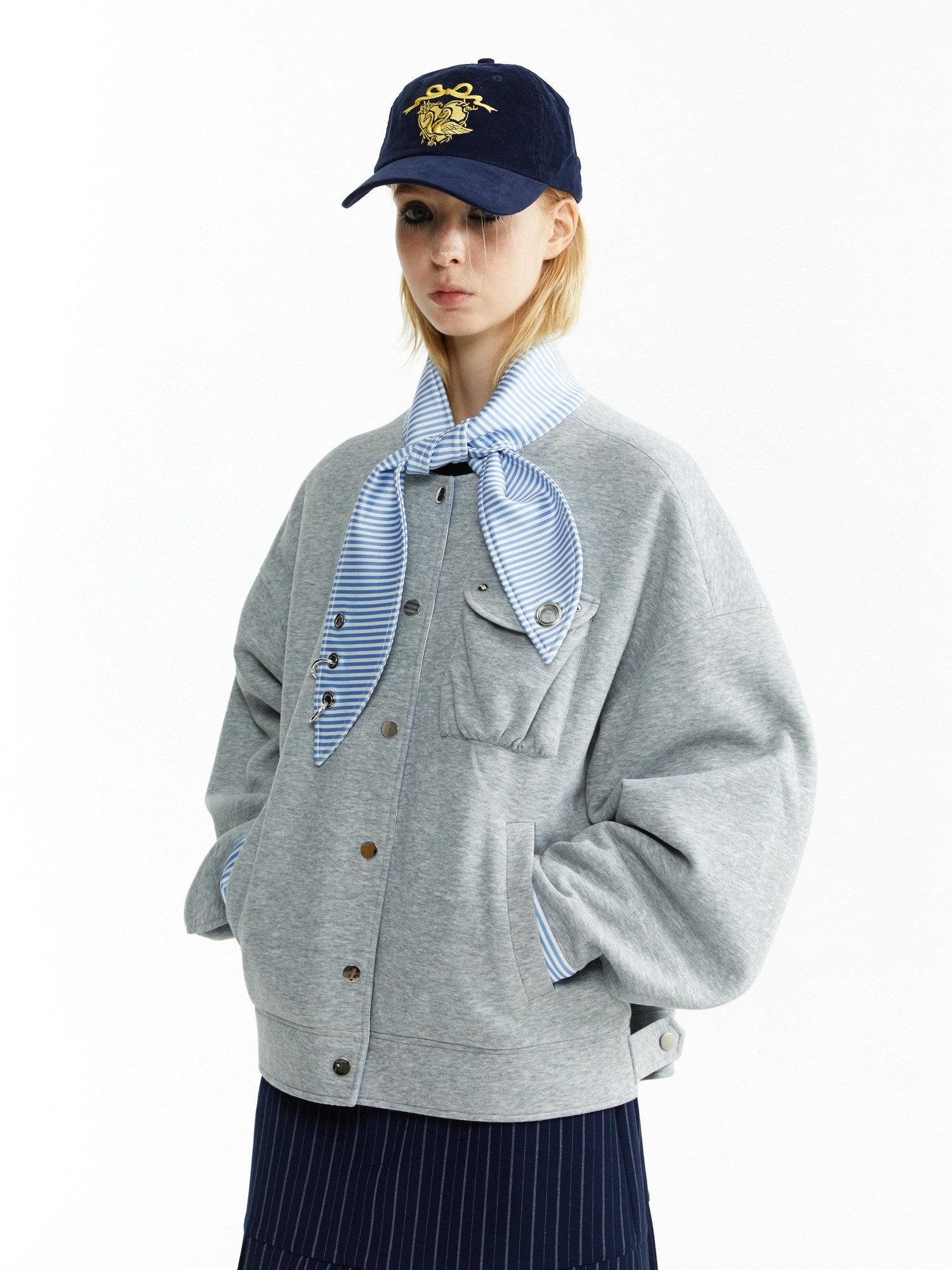 YOSHUYUKI Stretch Lightweight Loose Fit Street Style Round Neck Button Front Gray Jacket